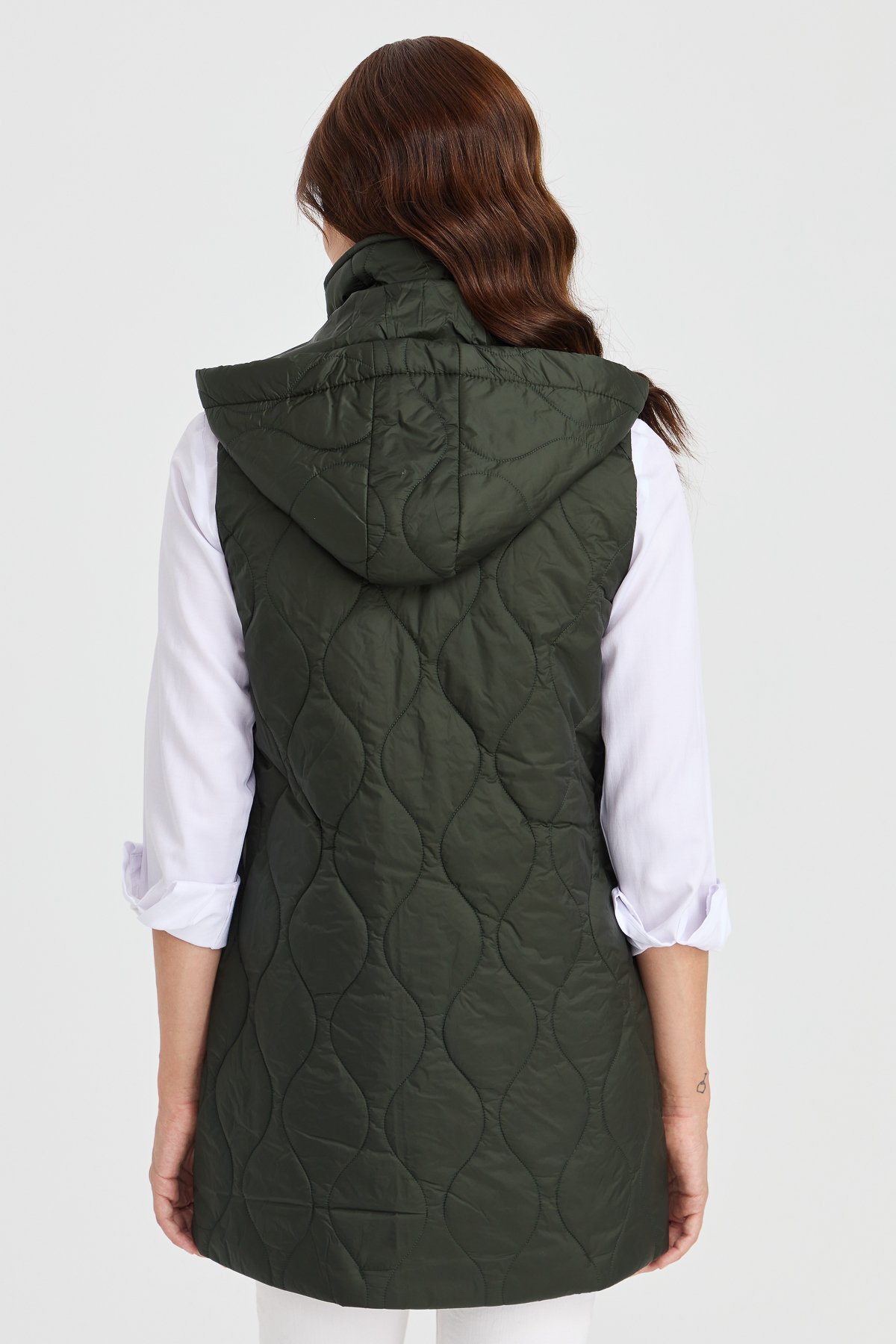 23406Kadın Kapüşonlu Kapitone Yelek Yeşil