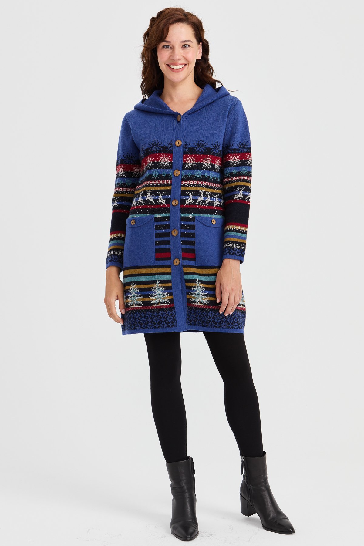 23012Kadın Kapüşonlu Kar ve Geyik Desenli Uzun Yün Kaban K.Lacivert