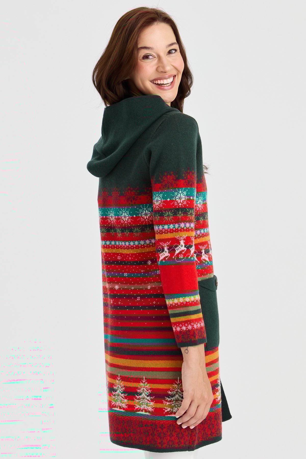 23012Kadın Kapüşonlu Kar ve Geyik Desenli Uzun Yün Kaban Mercan