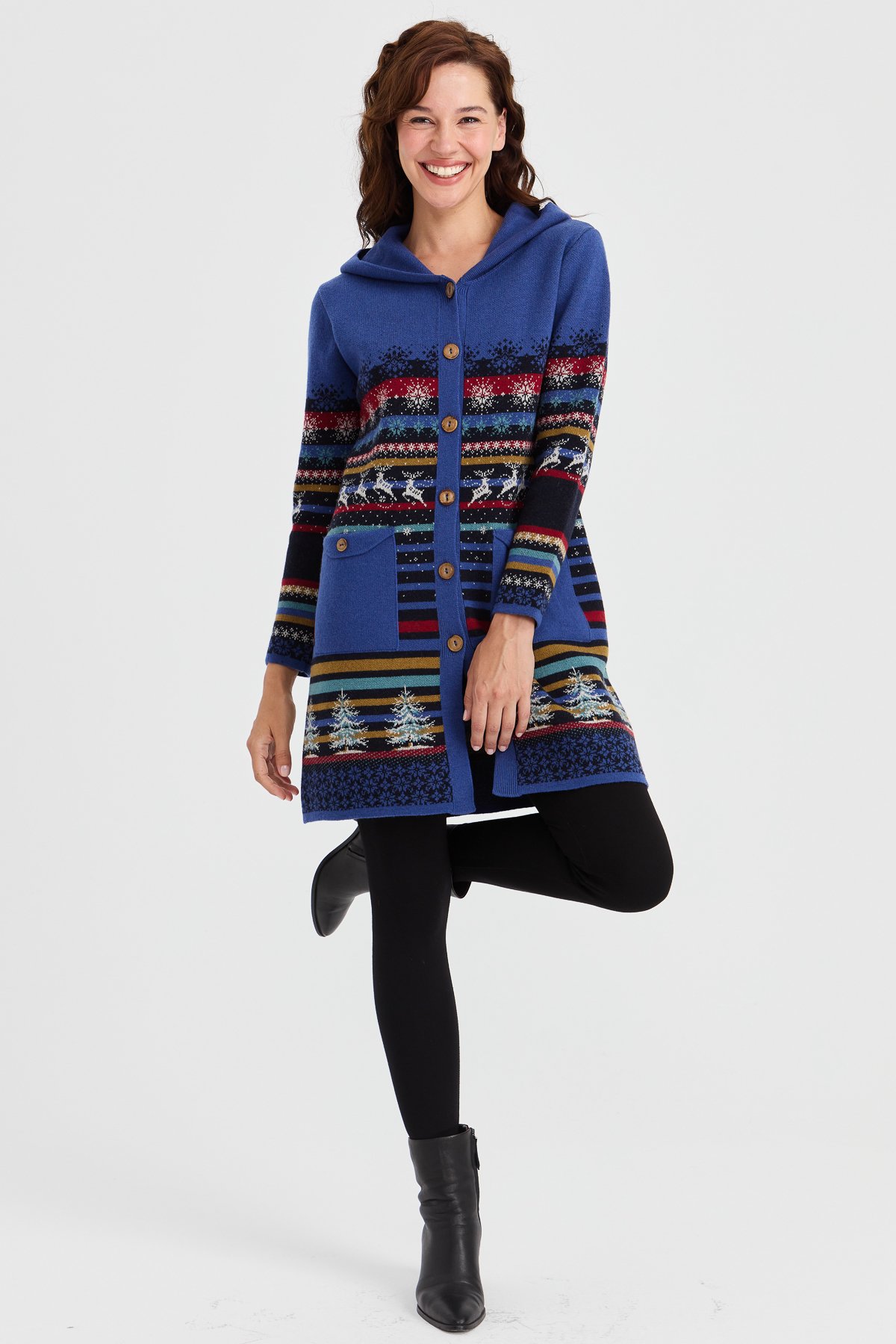 23012Kadın Kapüşonlu Kar ve Geyik Desenli Uzun Yün Kaban K.Lacivert