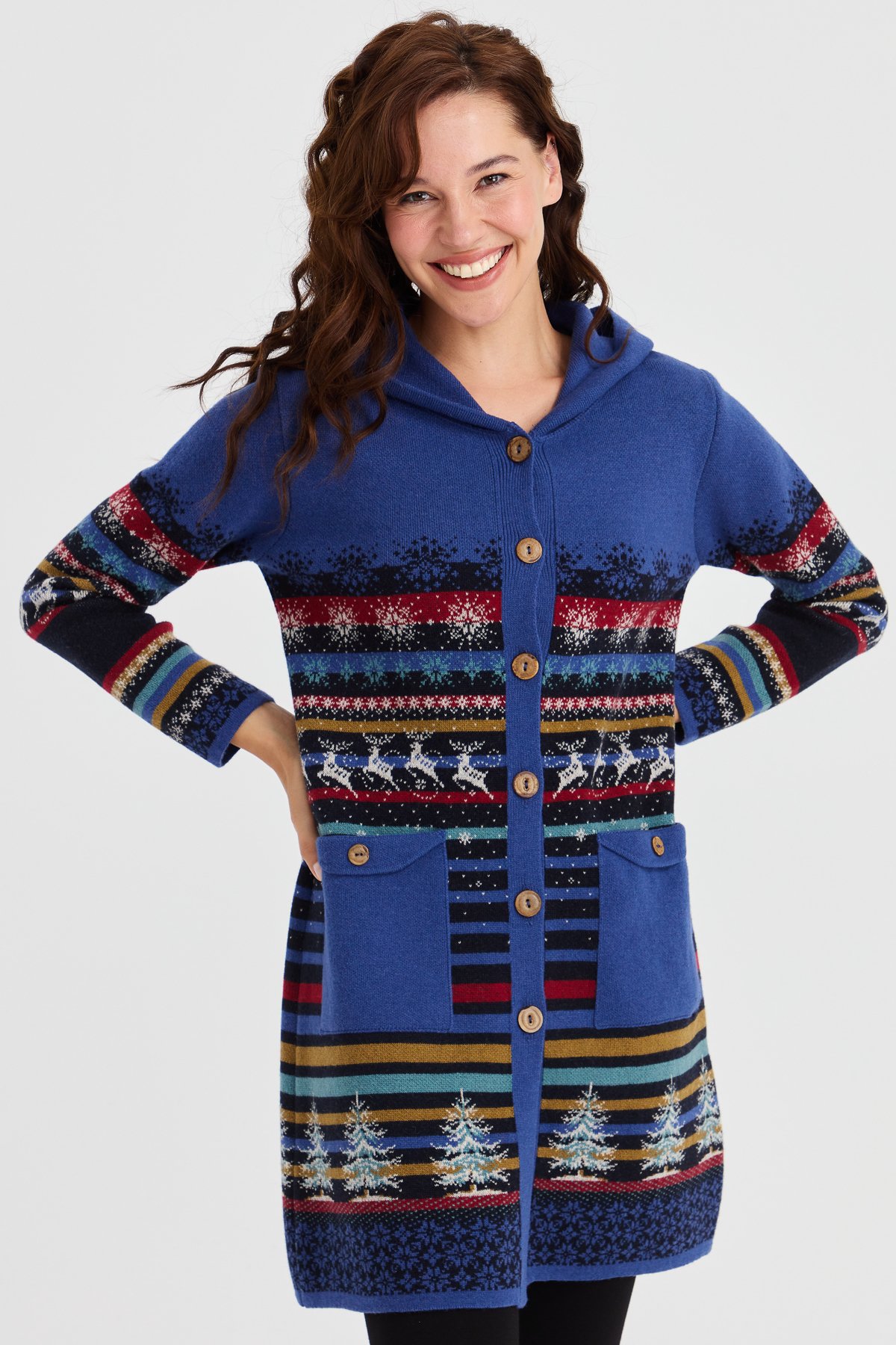 23012Kadın Kapüşonlu Kar ve Geyik Desenli Uzun Yün Kaban K.Lacivert