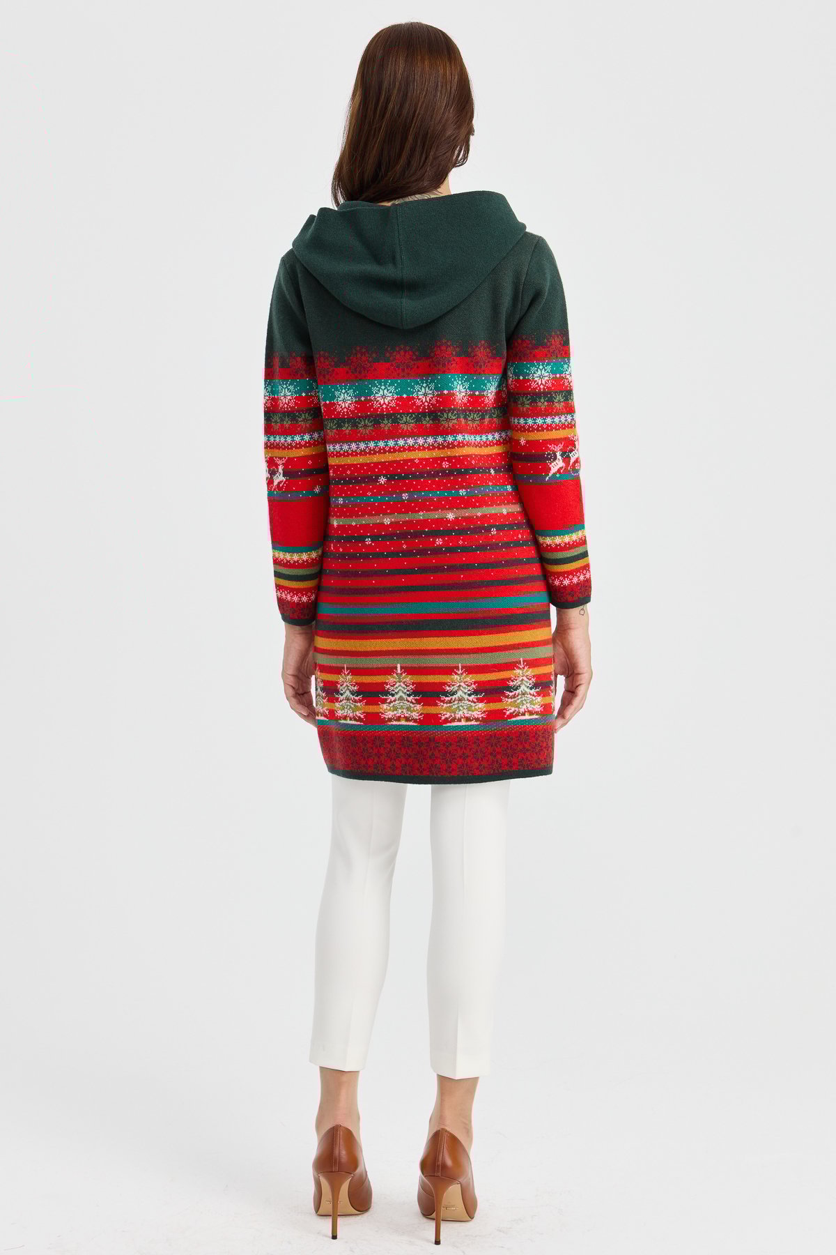 23012Kadın Kapüşonlu Kar ve Geyik Desenli Uzun Yün Kaban Mercan