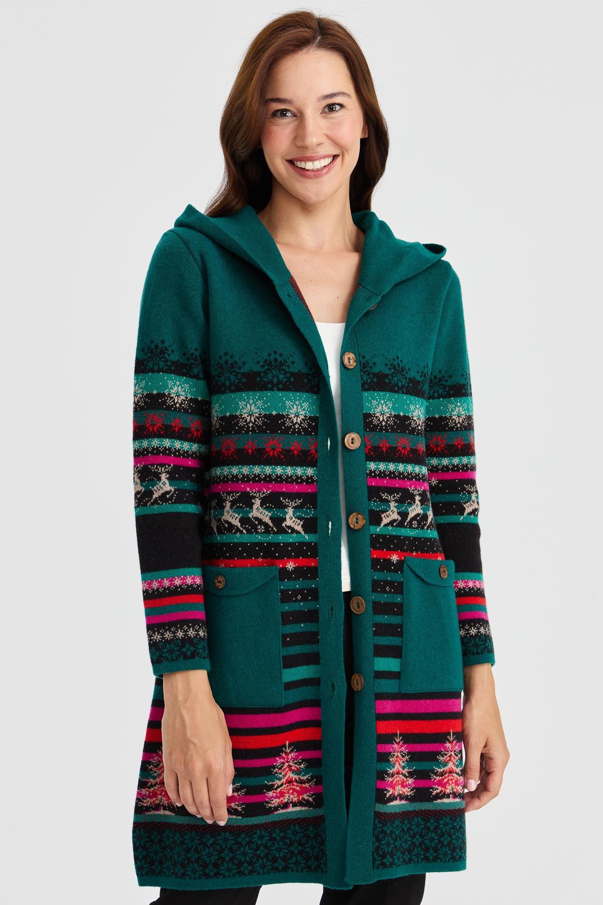 23012Kadın Kapüşonlu Kar ve Geyik Desenli Uzun Yün Kaban Siyah