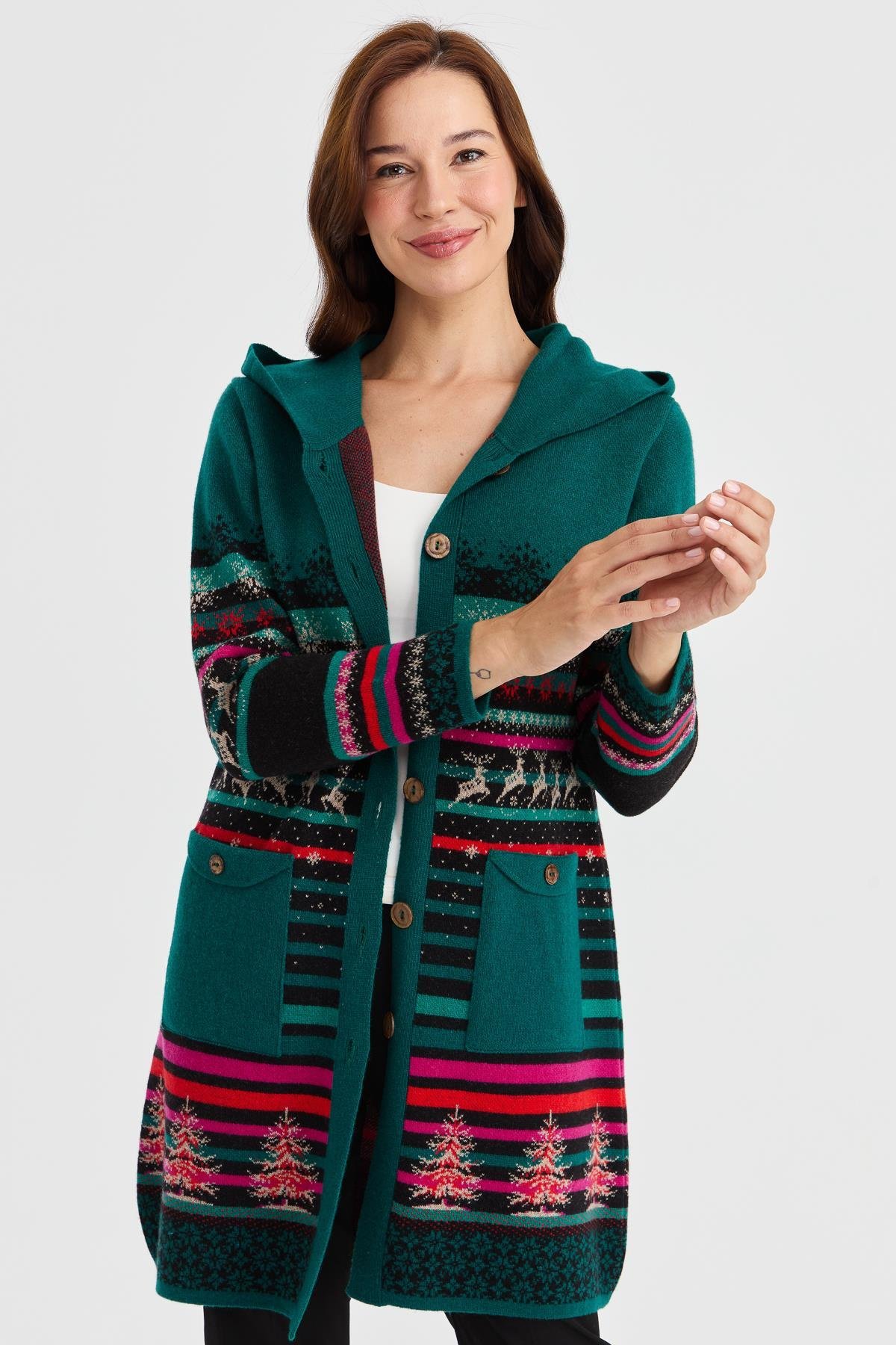 23012Kadın Kapüşonlu Kar ve Geyik Desenli Uzun Yün Kaban Siyah