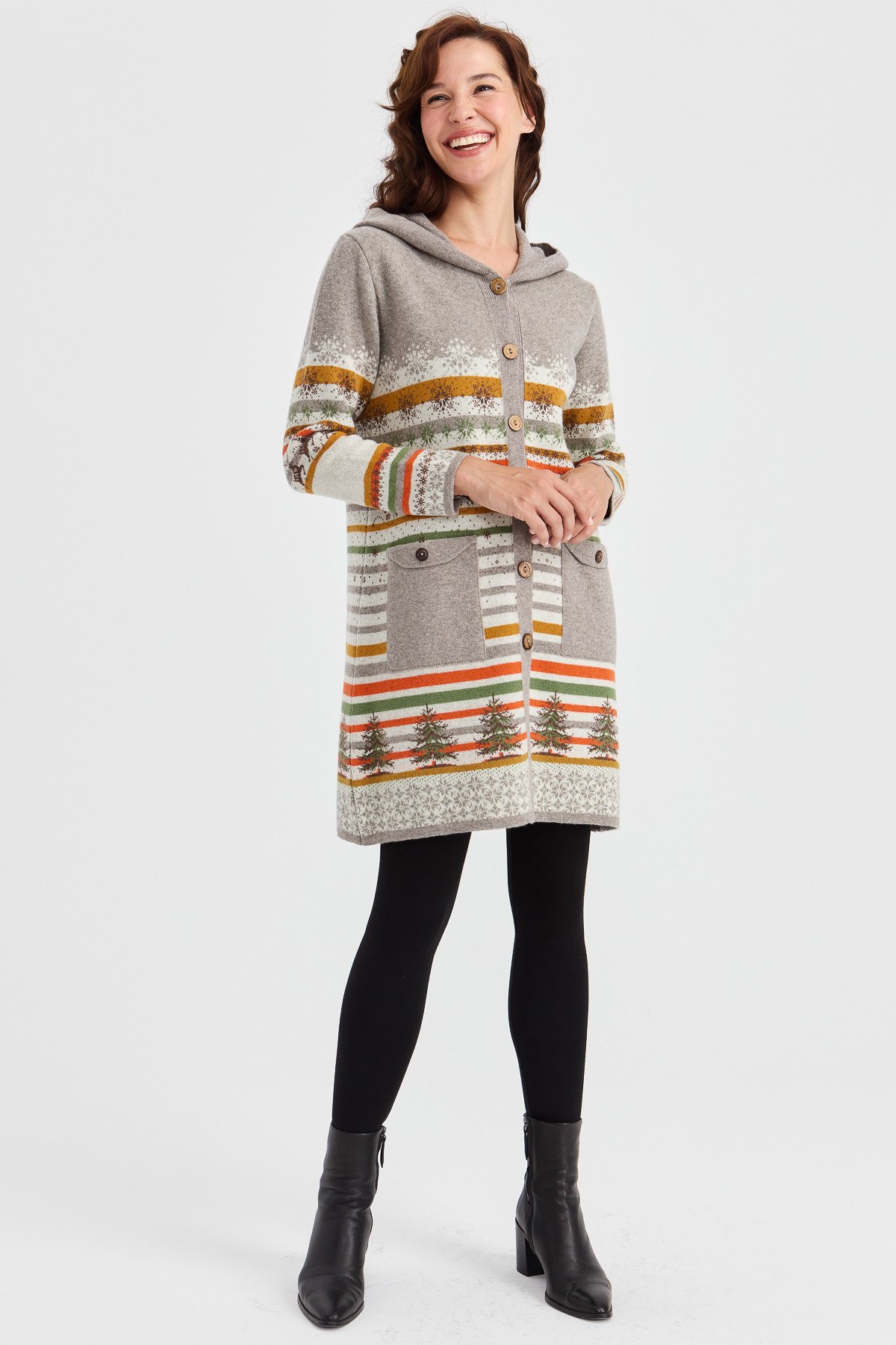 23012Kadın Kapüşonlu Kar ve Geyik Desenli Uzun Yün Kaban Kemik