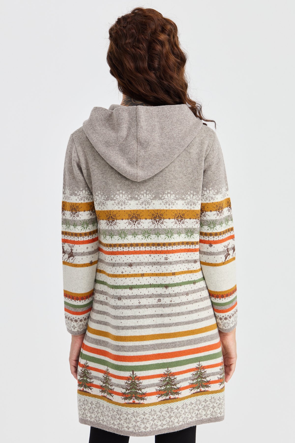 23012Kadın Kapüşonlu Kar ve Geyik Desenli Uzun Yün Kaban Kemik