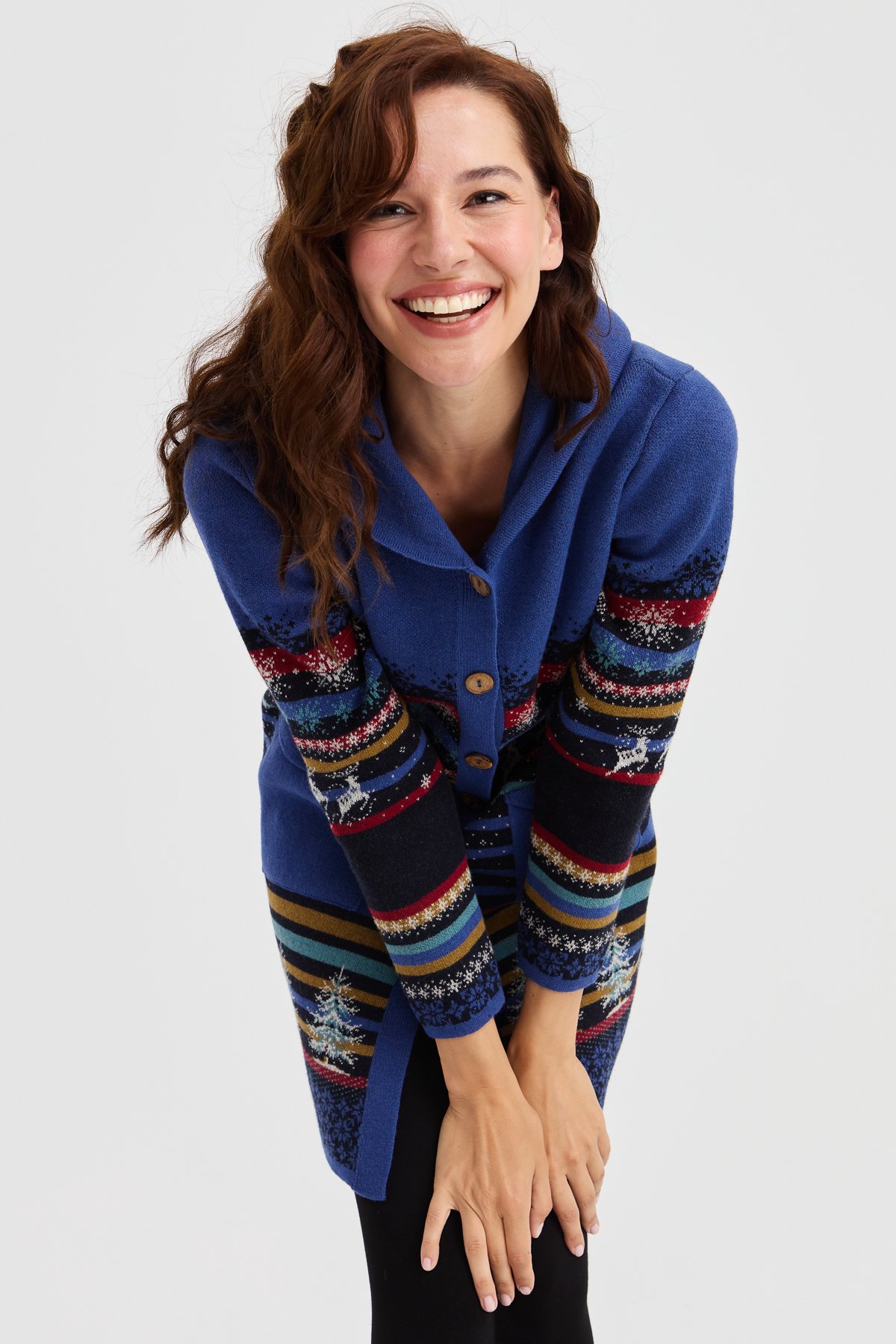 23012Kadın Kapüşonlu Kar ve Geyik Desenli Uzun Yün Kaban K.Lacivert