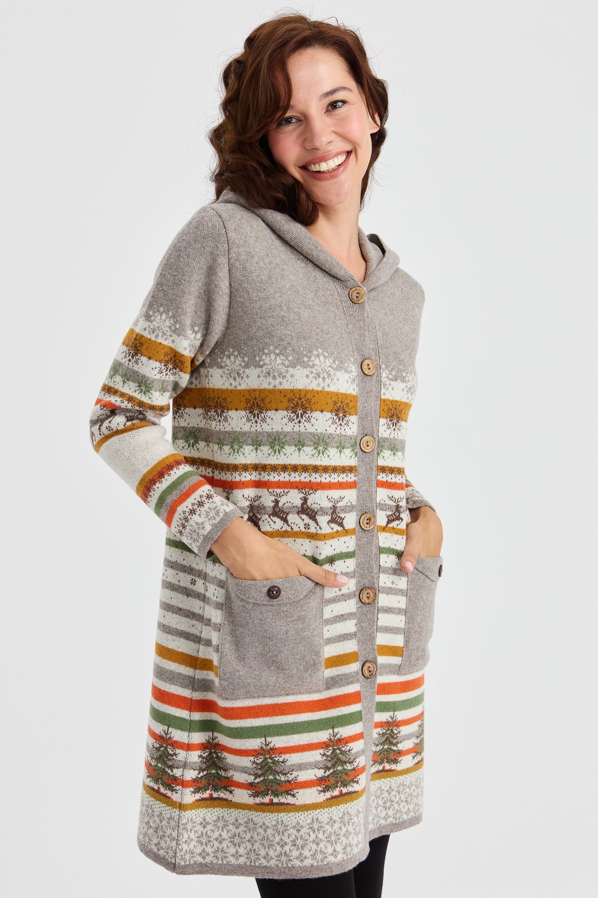 23012Kadın Kapüşonlu Kar ve Geyik Desenli Uzun Yün Kaban Kemik