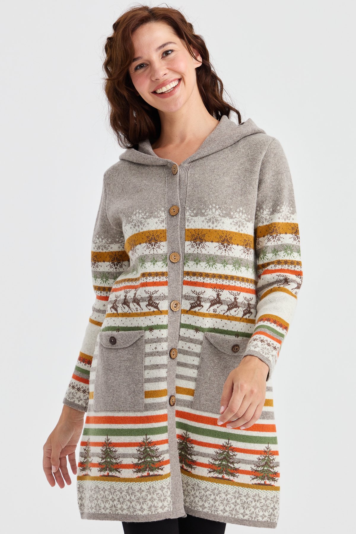 23012Kadın Kapüşonlu Kar ve Geyik Desenli Uzun Yün Kaban Kemik