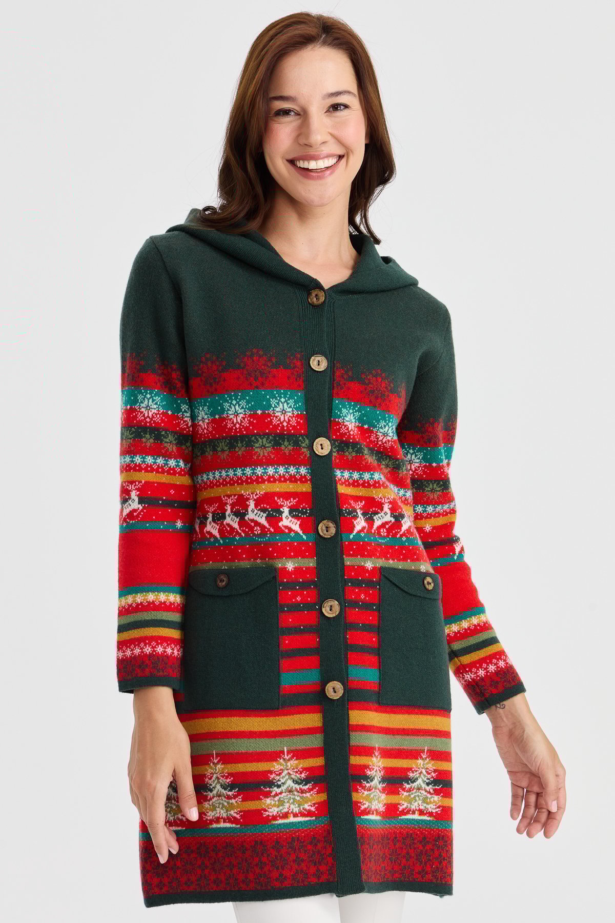 23012Kadın Kapüşonlu Kar ve Geyik Desenli Uzun Yün Kaban Mercan