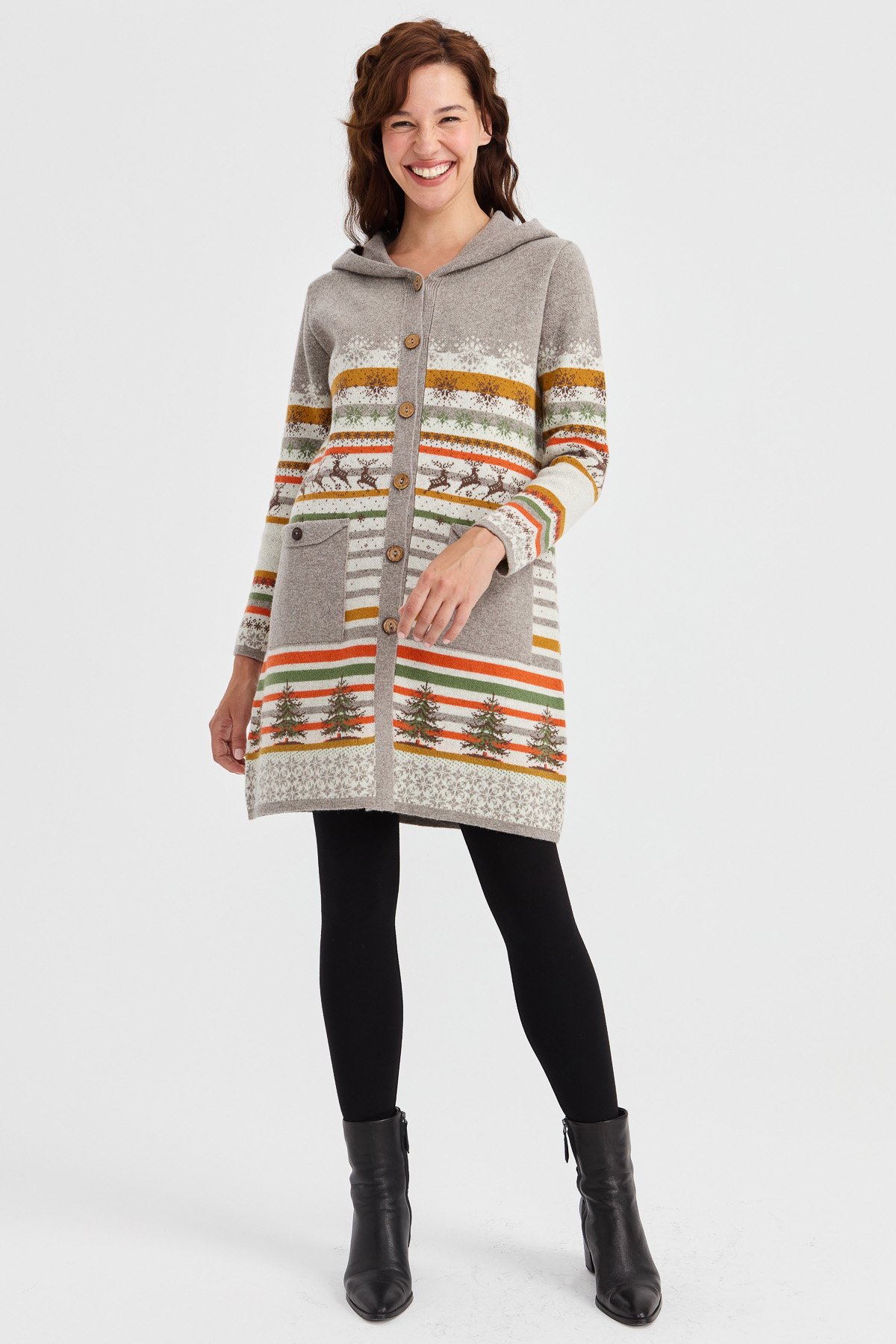 23012Kadın Kapüşonlu Kar ve Geyik Desenli Uzun Yün Kaban Kemik