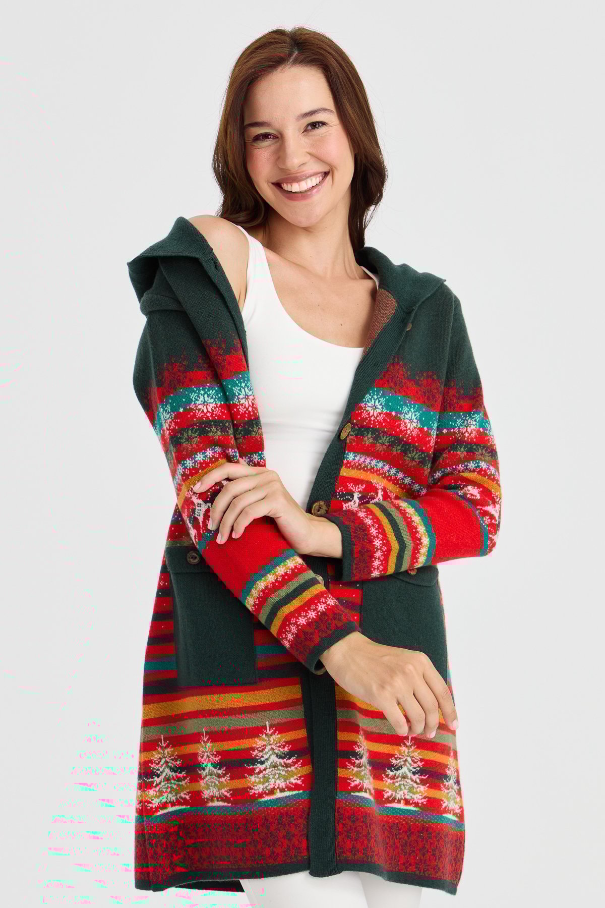 23012Kadın Kapüşonlu Kar ve Geyik Desenli Uzun Yün Kaban Mercan