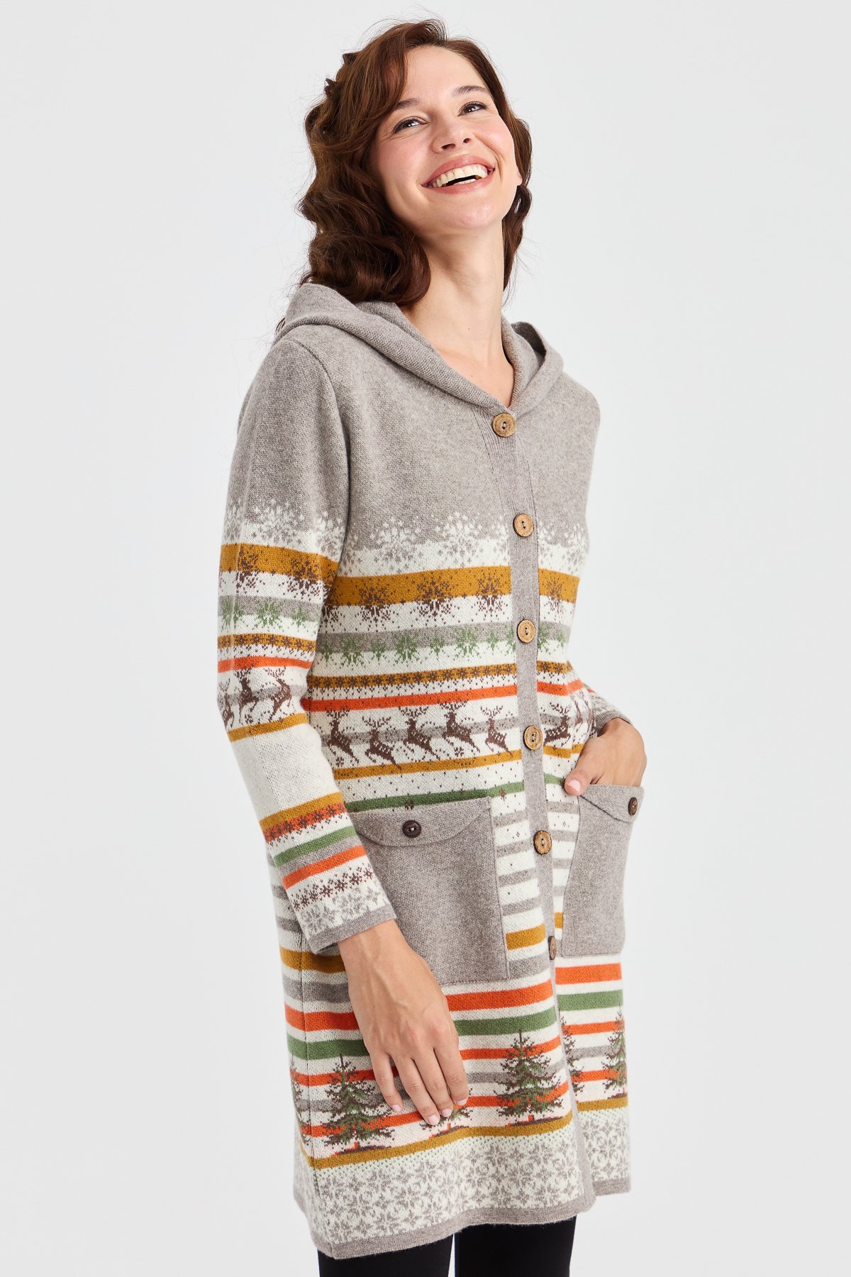 23012Kadın Kapüşonlu Kar ve Geyik Desenli Uzun Yün Kaban Kemik