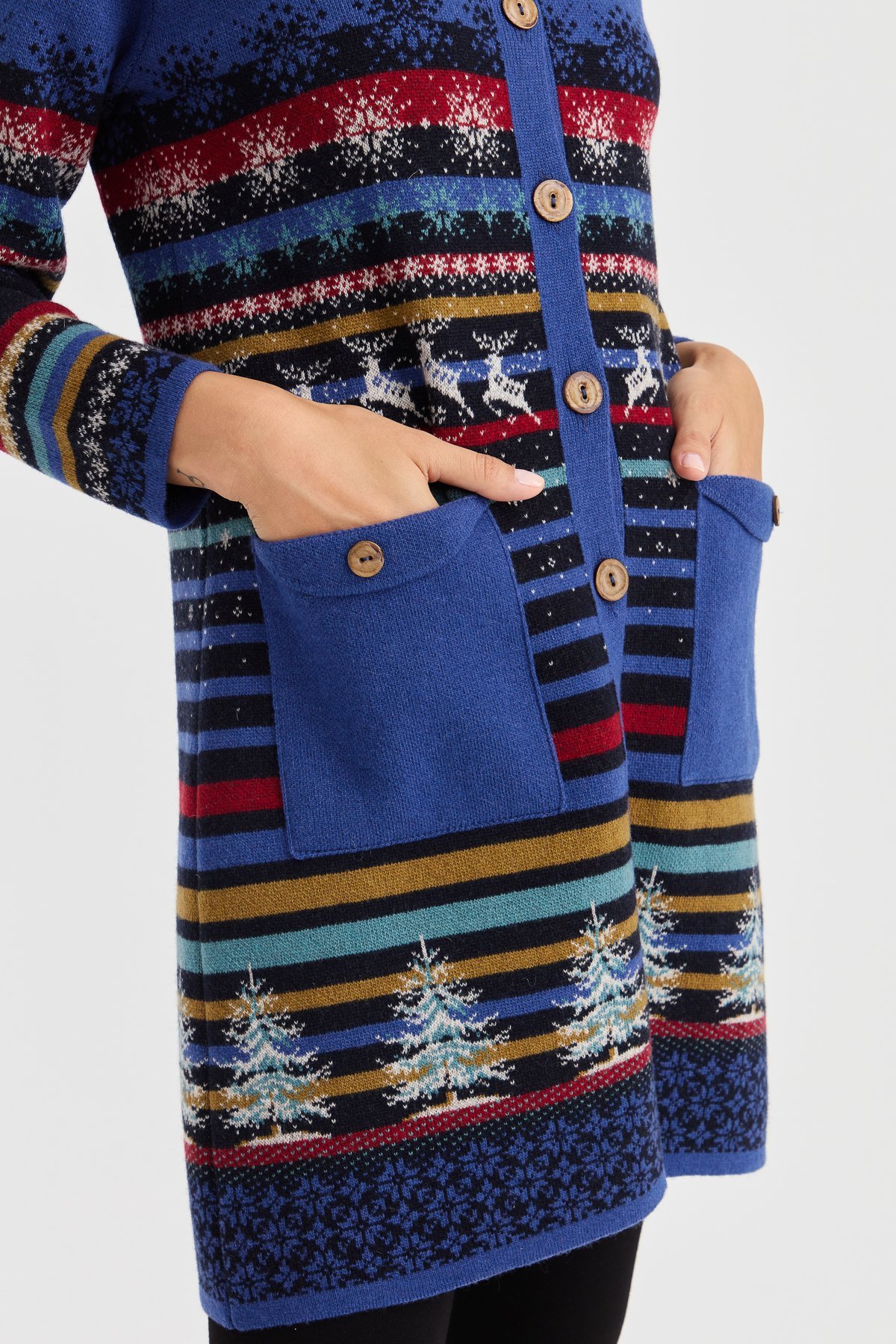 23012Kadın Kapüşonlu Kar ve Geyik Desenli Uzun Yün Kaban K.Lacivert