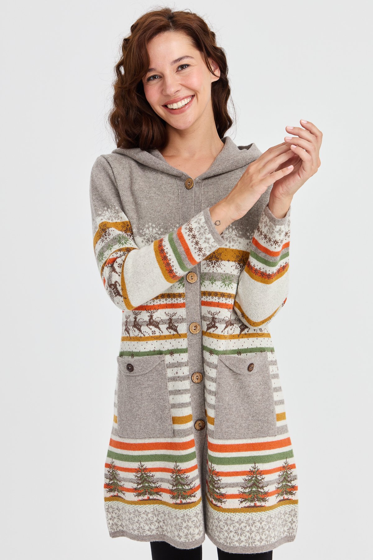 23012Kadın Kapüşonlu Kar ve Geyik Desenli Uzun Yün Kaban Kemik