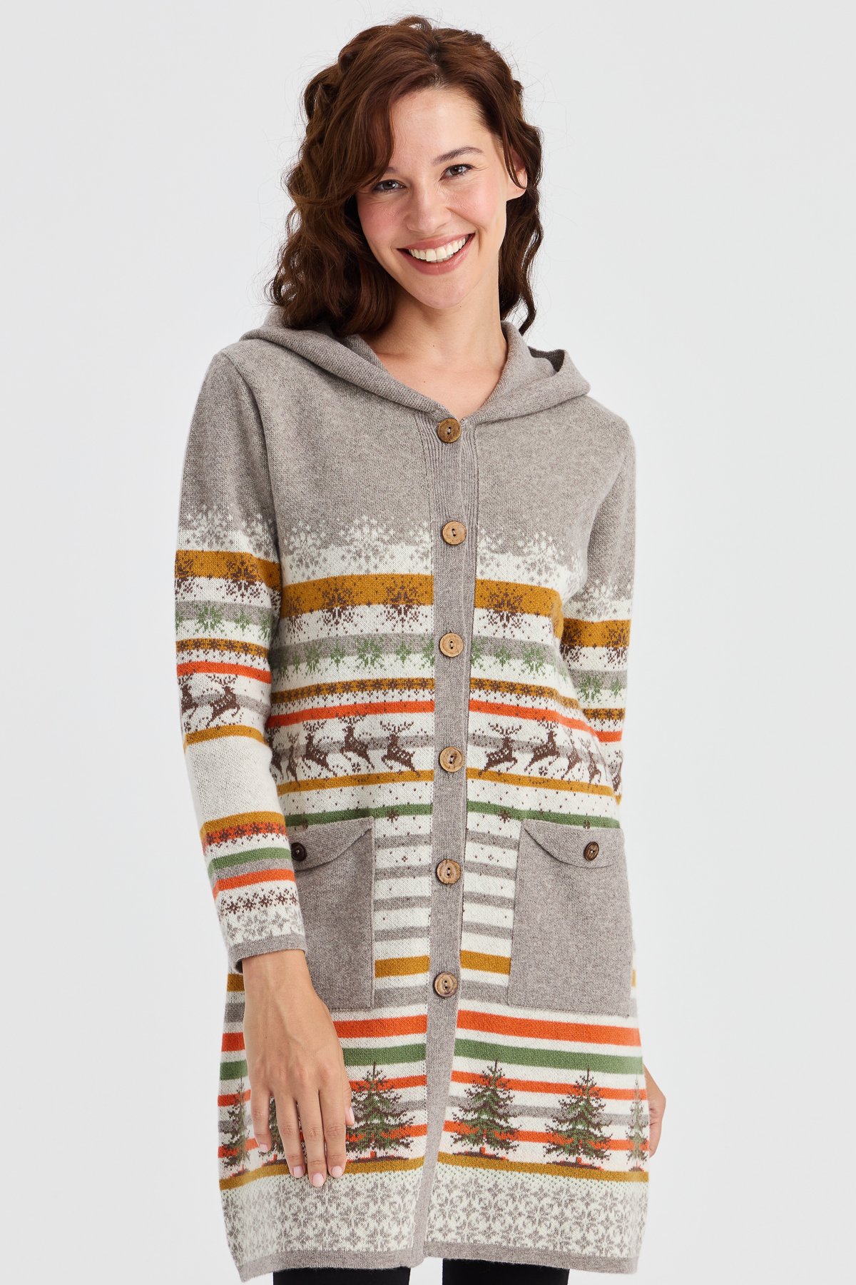 23012Kadın Kapüşonlu Kar ve Geyik Desenli Uzun Yün Kaban Kemik