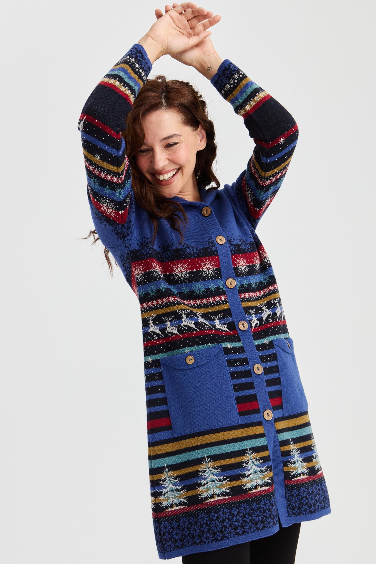 23012Kadın Kapüşonlu Kar ve Geyik Desenli Uzun Yün Kaban K.Lacivert