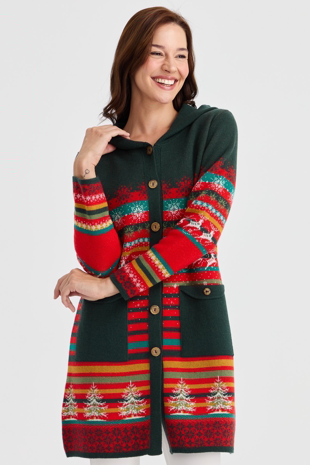 23012Kadın Kapüşonlu Kar ve Geyik Desenli Uzun Yün Kaban Mercan