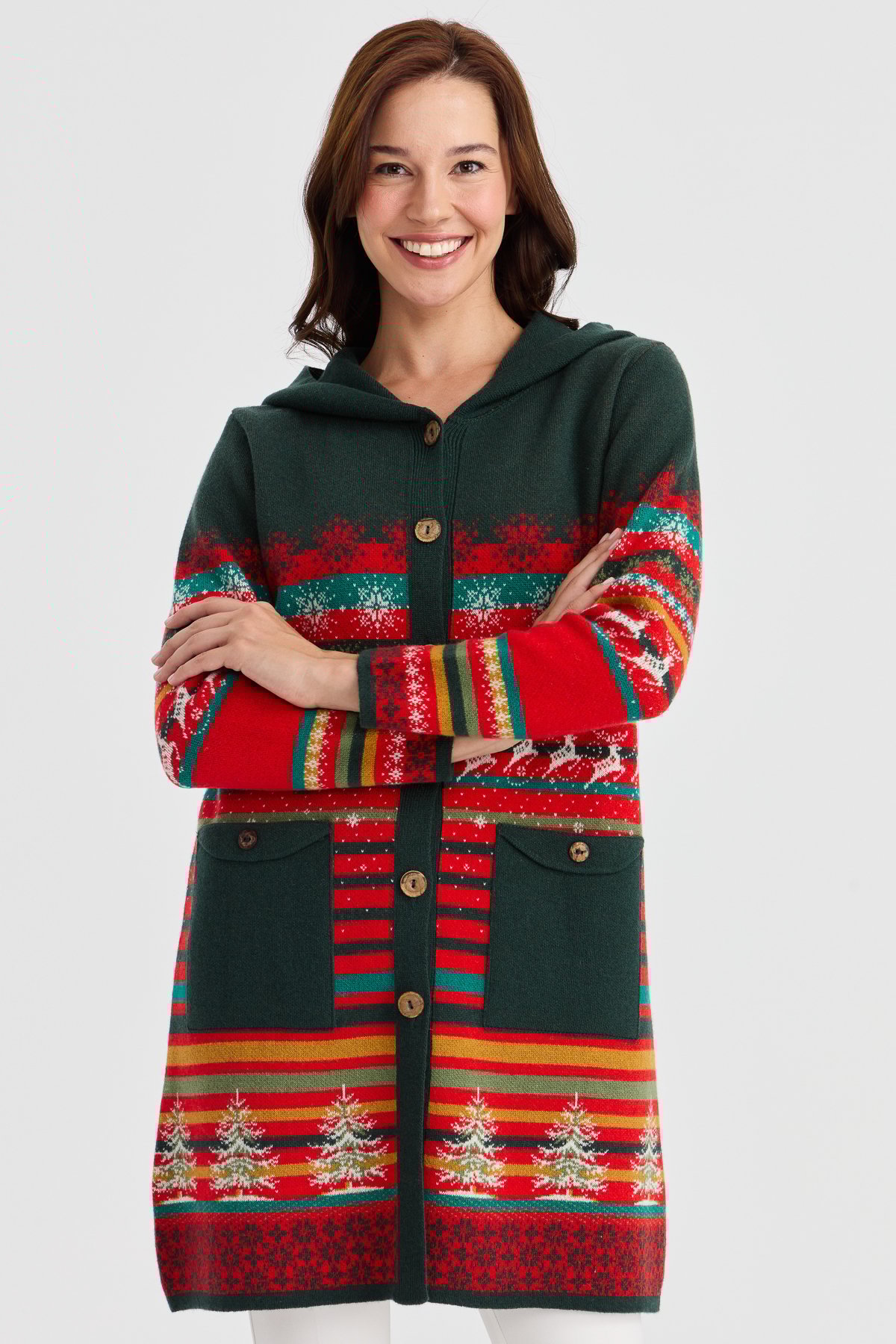 23012Kadın Kapüşonlu Kar ve Geyik Desenli Uzun Yün Kaban Mercan