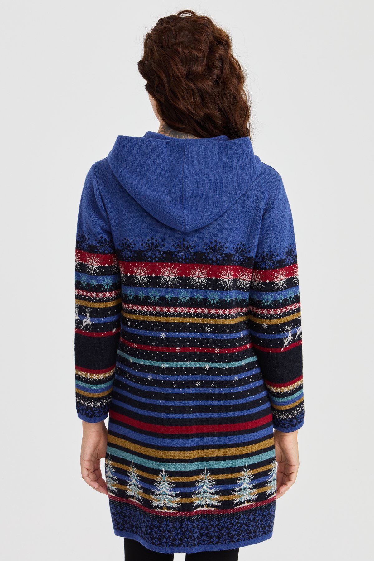 23012Kadın Kapüşonlu Kar ve Geyik Desenli Uzun Yün Kaban K.Lacivert