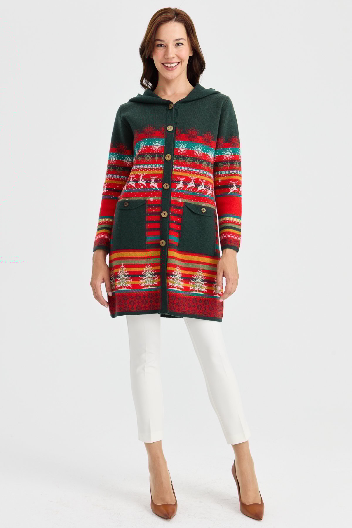 23012Kadın Kapüşonlu Kar ve Geyik Desenli Uzun Yün Kaban Mercan