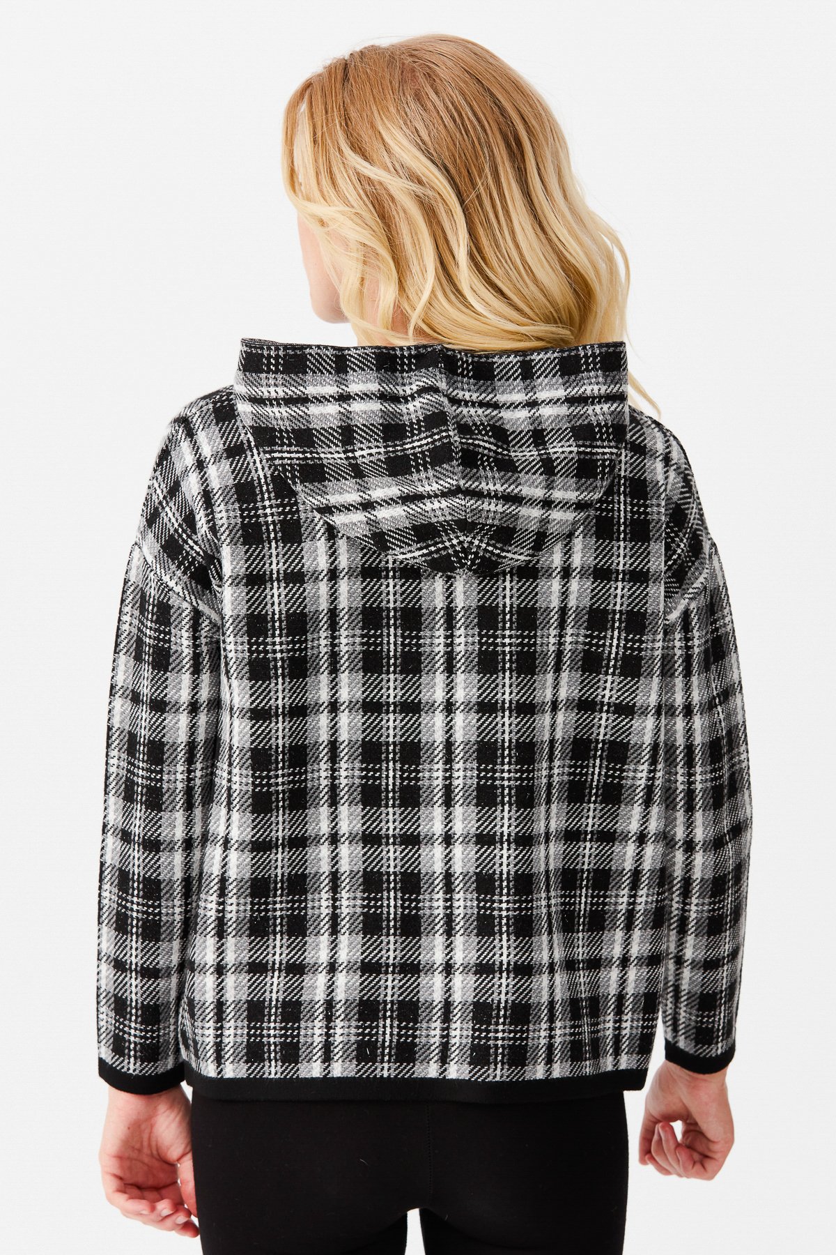 22103Женский короткий свитер в клетку с капюшоном, черный