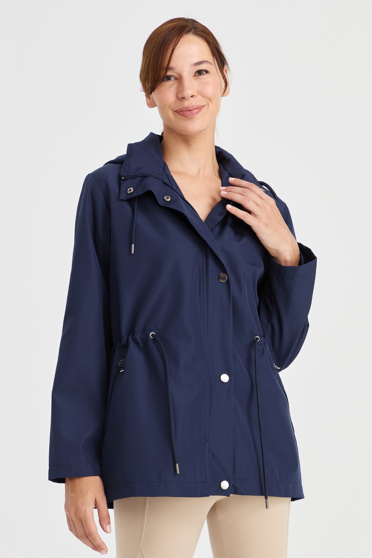 23407Kadın Kapüşonlu Kısa Trençkot Lacivert