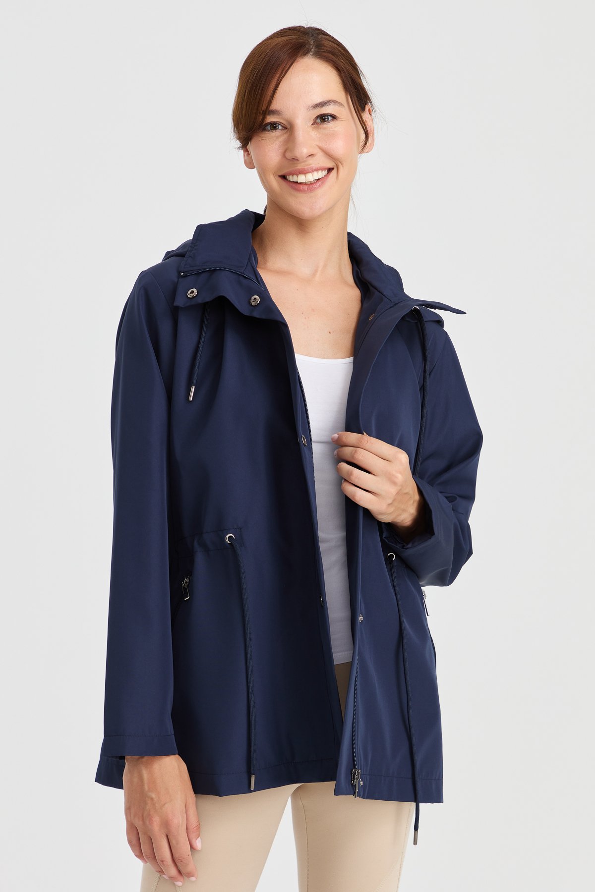 23407Kadın Kapüşonlu Kısa Trençkot Lacivert