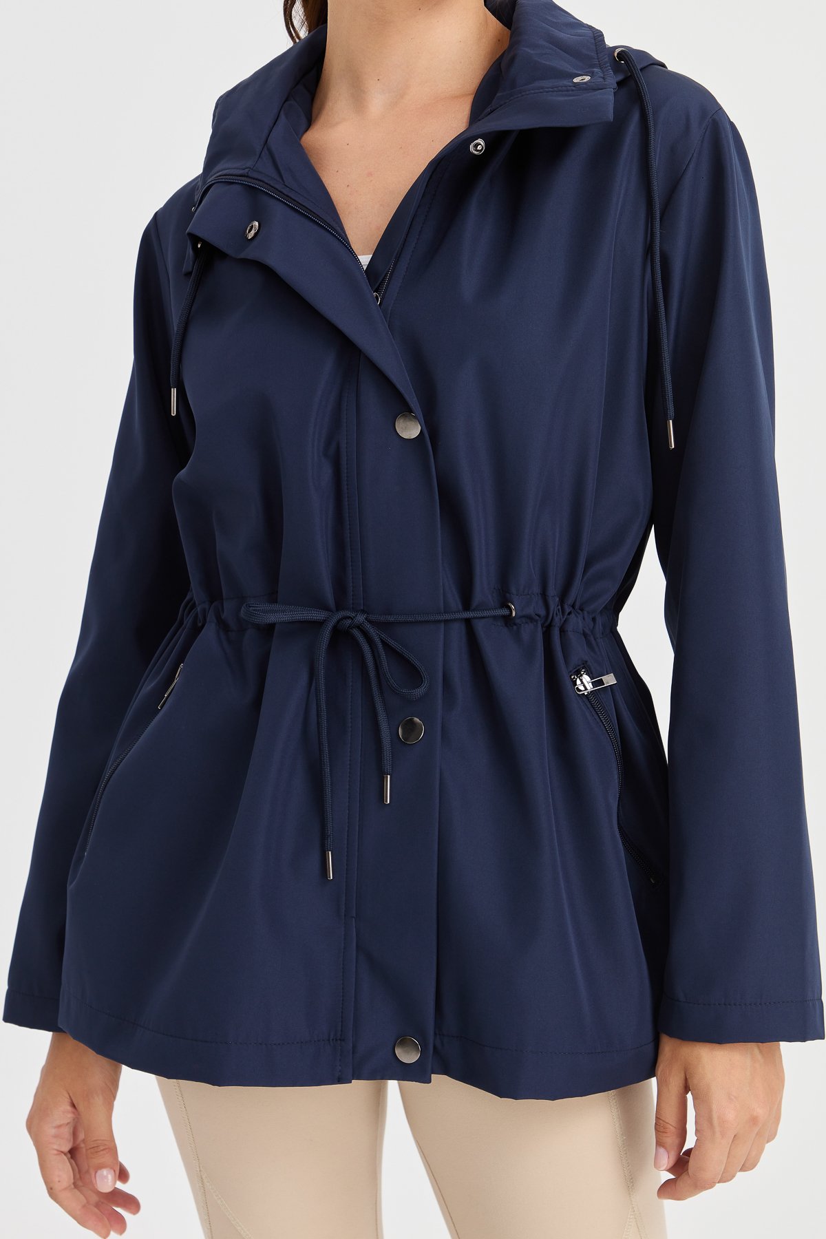 23407Kadın Kapüşonlu Kısa Trençkot Lacivert