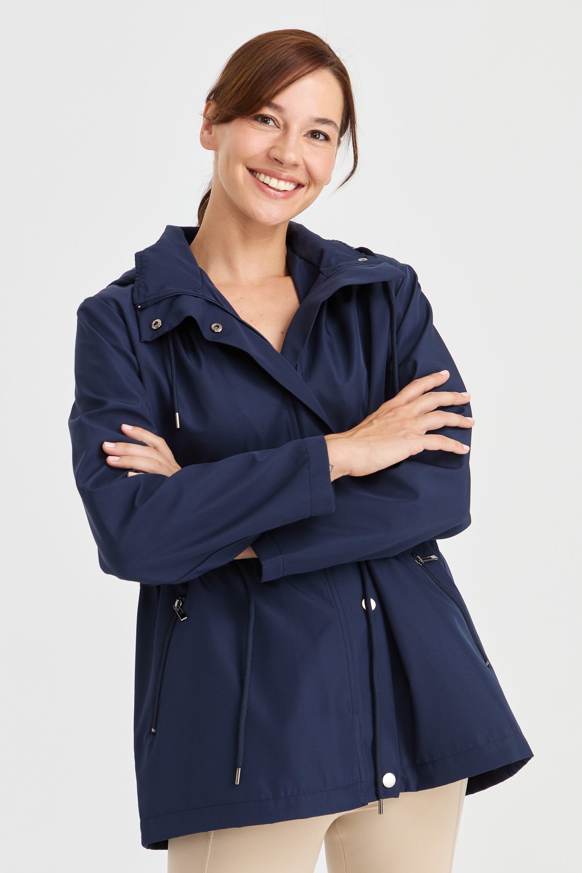 23407Kadın Kapüşonlu Kısa Trençkot Lacivert