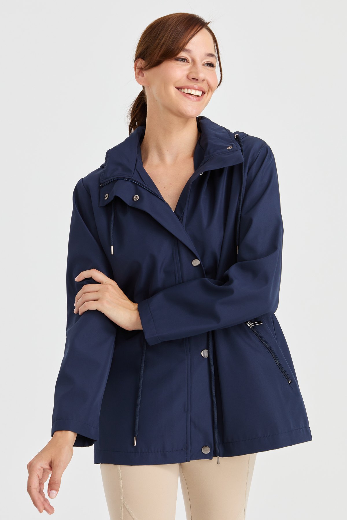 23407Kadın Kapüşonlu Kısa Trençkot Lacivert