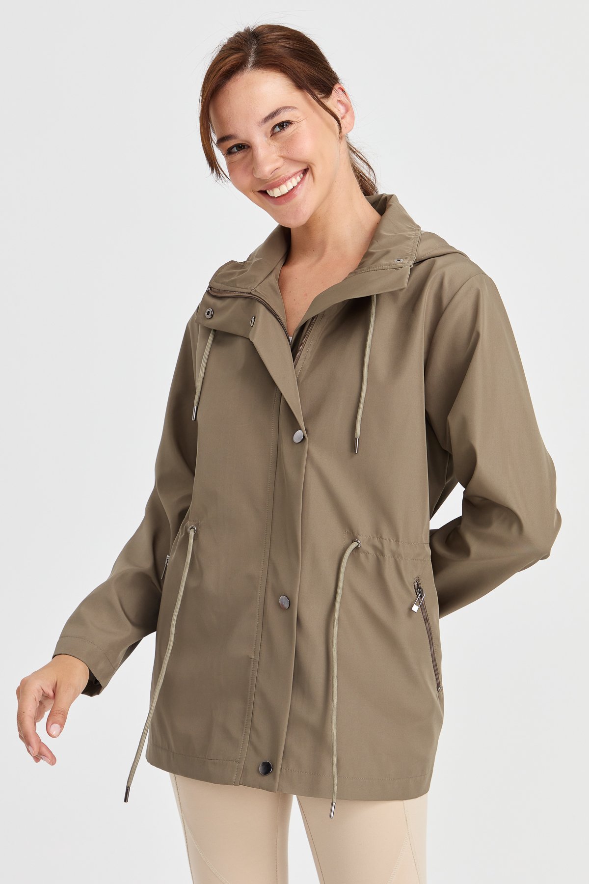 23407Kadın Kapüşonlu Kısa Trençkot Yeşil