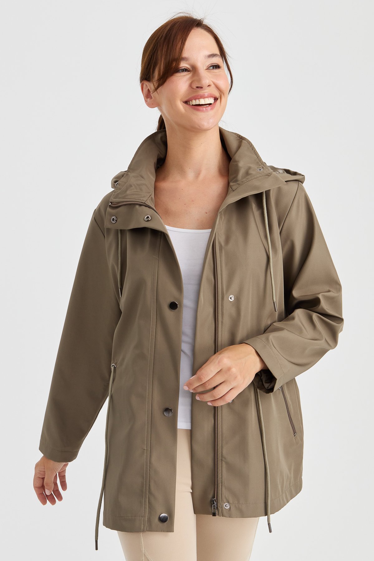 23407Kadın Kapüşonlu Kısa Trençkot Yeşil