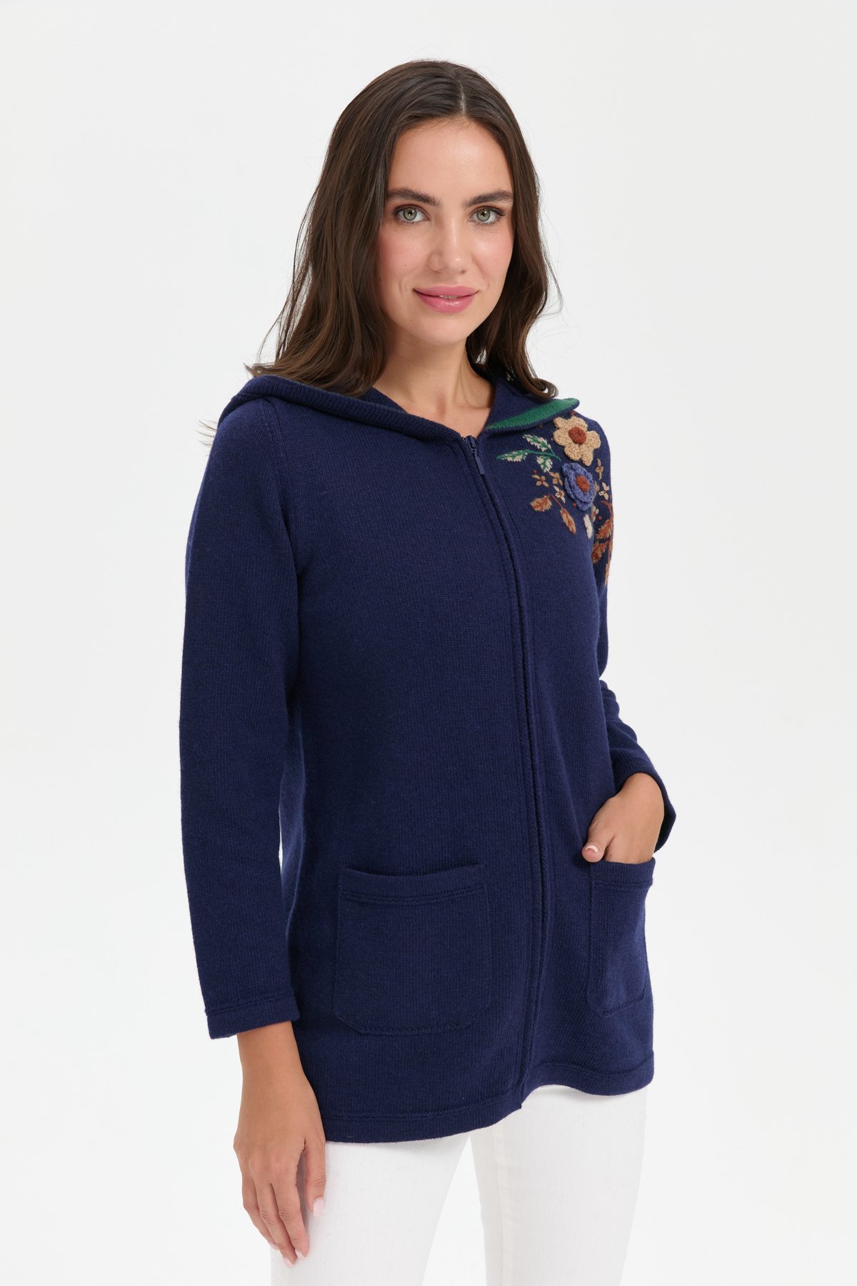 24080Kadın Kapüşonlu Omzu İşlemeli Araboy Yün Hırka Y.A Lacivert
