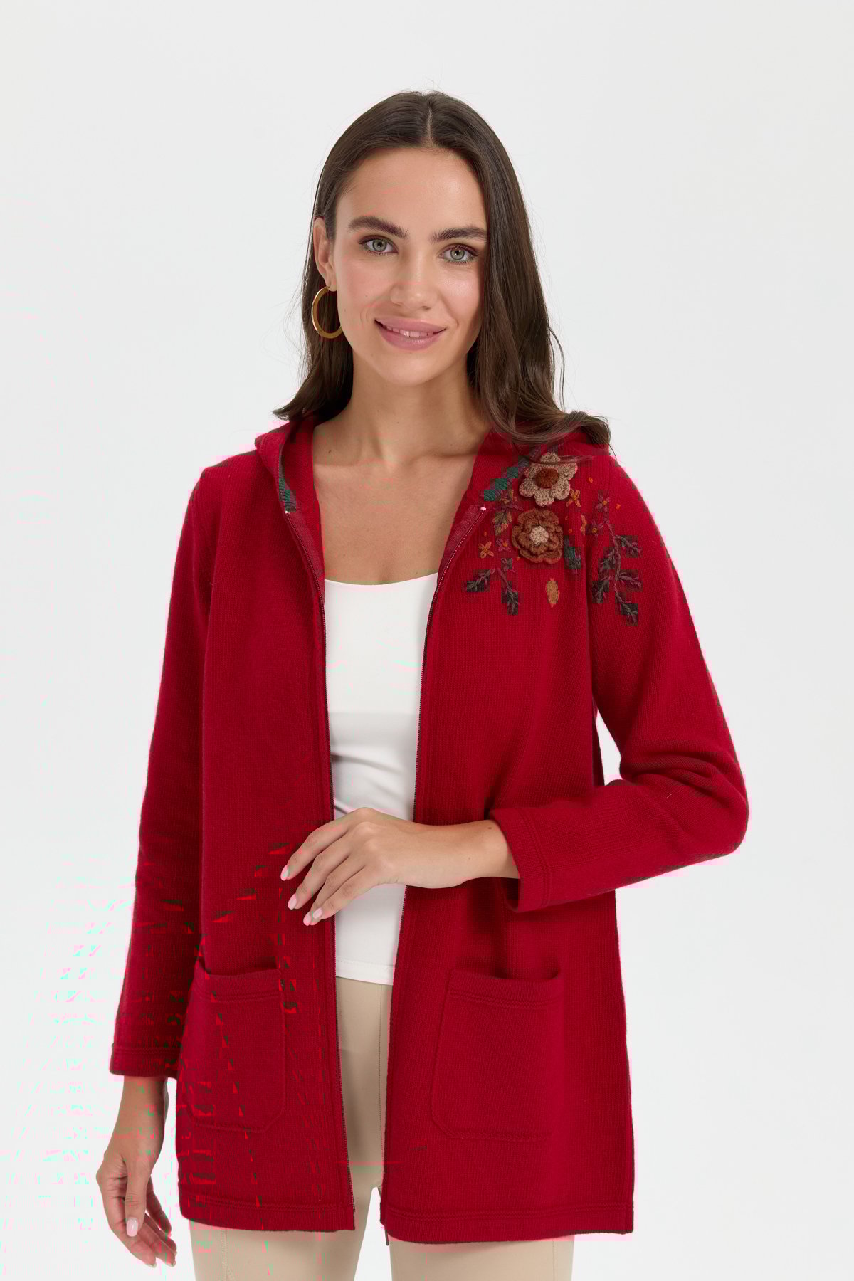 24080Kadın Kapüşonlu Omzu İşlemeli Araboy Yün Hırka K.Kırmızı