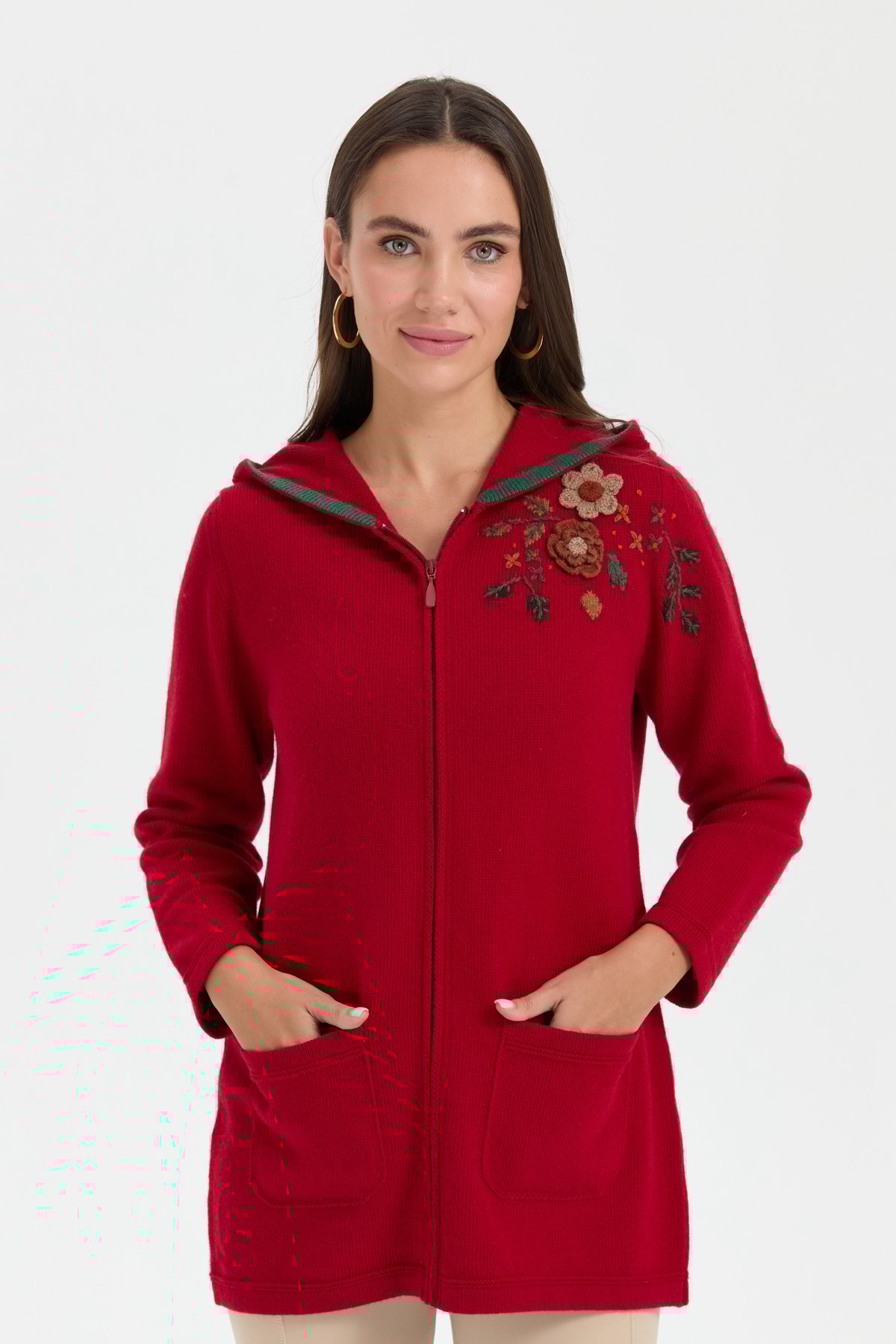 24080Kadın Kapüşonlu Omzu İşlemeli Araboy Yün Hırka K.Kırmızı