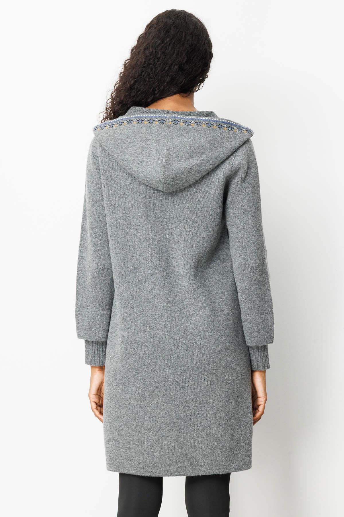 25019Kadın Kapüşonlu Önü Keçe Yün Kaban Füme