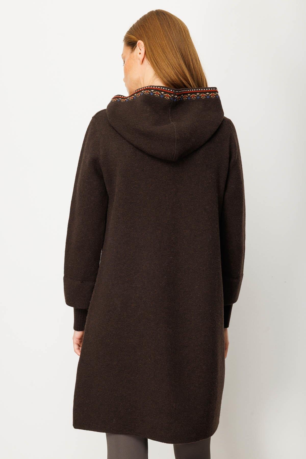 25019Kadın Kapüşonlu Önü Keçe Yün Kaban K.Kahve