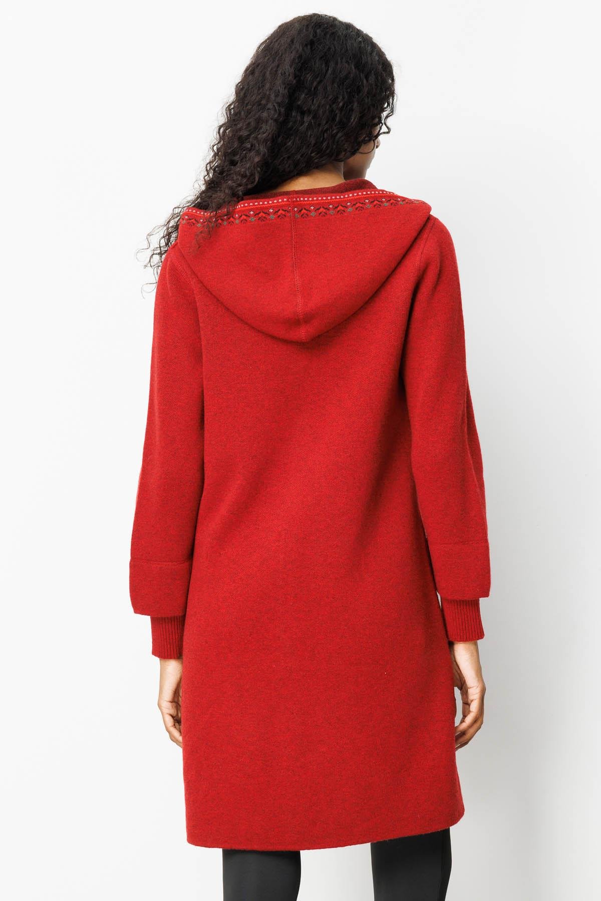 25019Kadın Kapüşonlu Önü Keçe Yün Kaban Y.Kırmızı