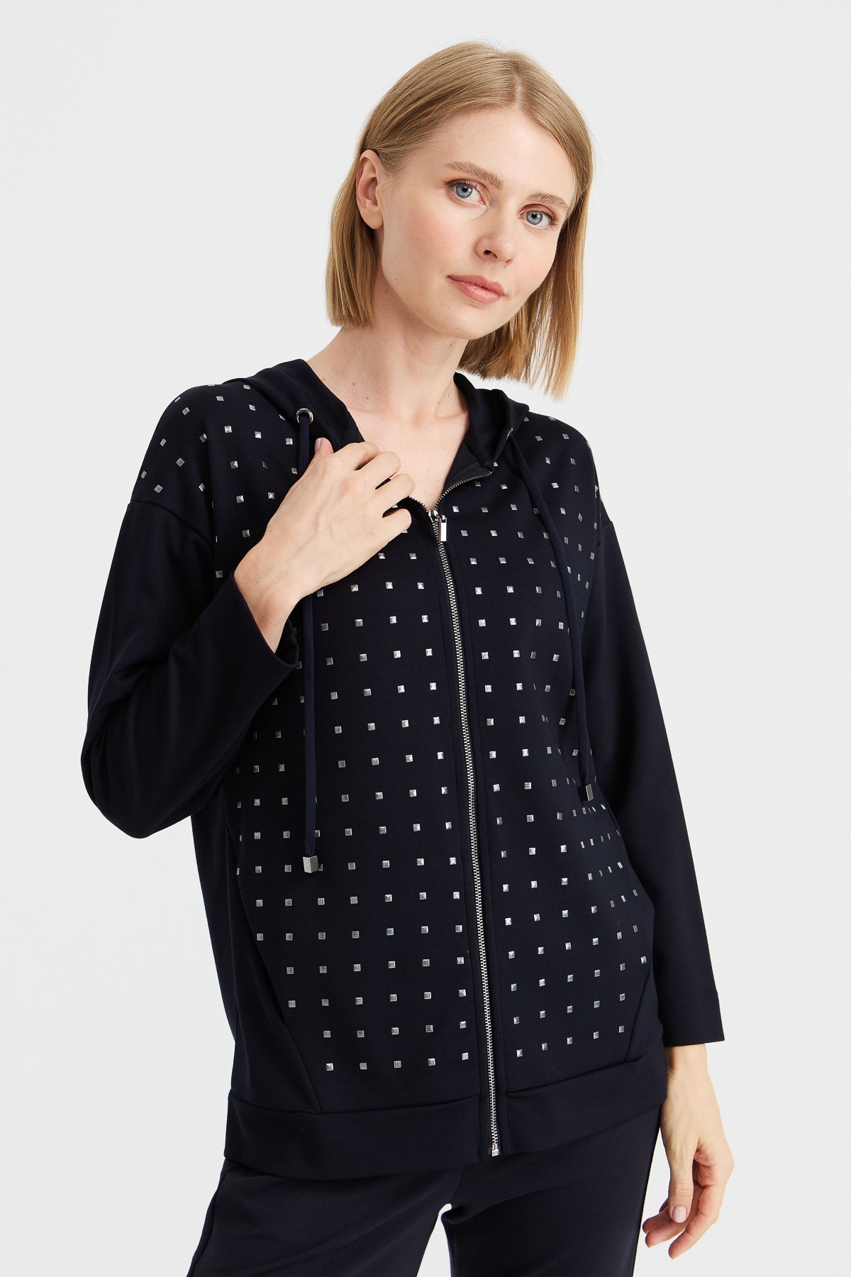 KMK23011Kadın Kapüşonlu Önü Minik Kare Taşlı Sweat Lacivert