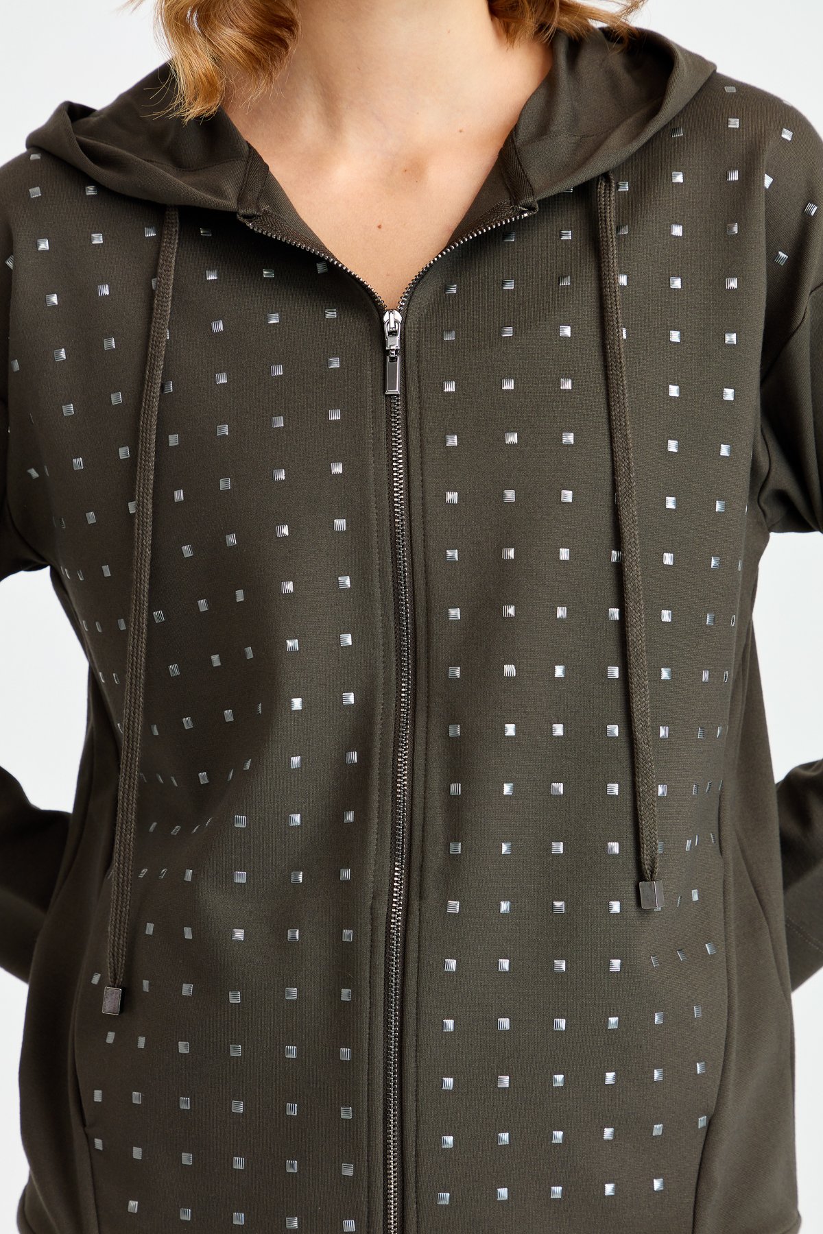 KMK23011Женский свитшот с капюшоном и маленькими квадратными камнями спереди