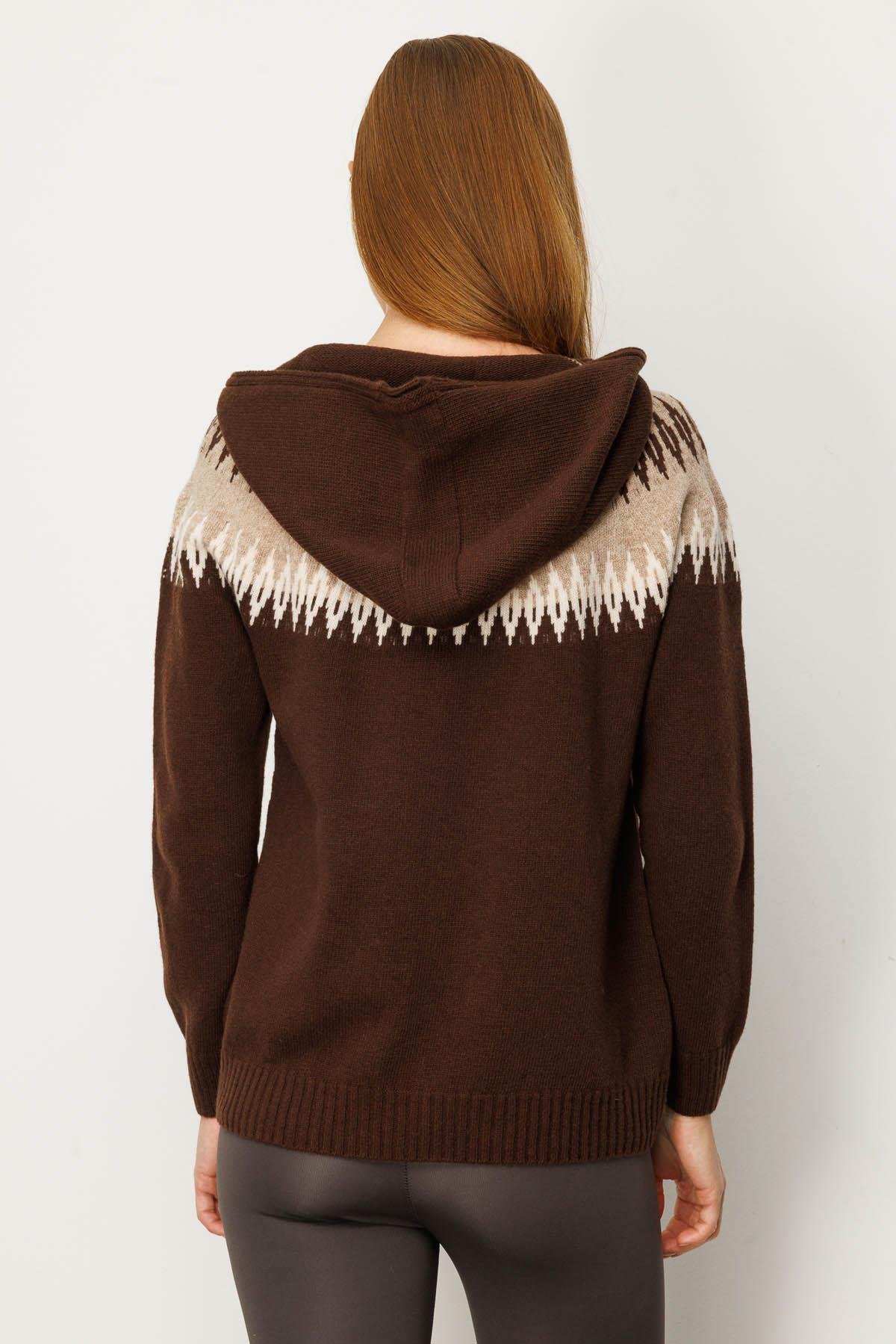 25230Kadın Kapüşonlu Robası Baklavalı Hırka M.Kahve