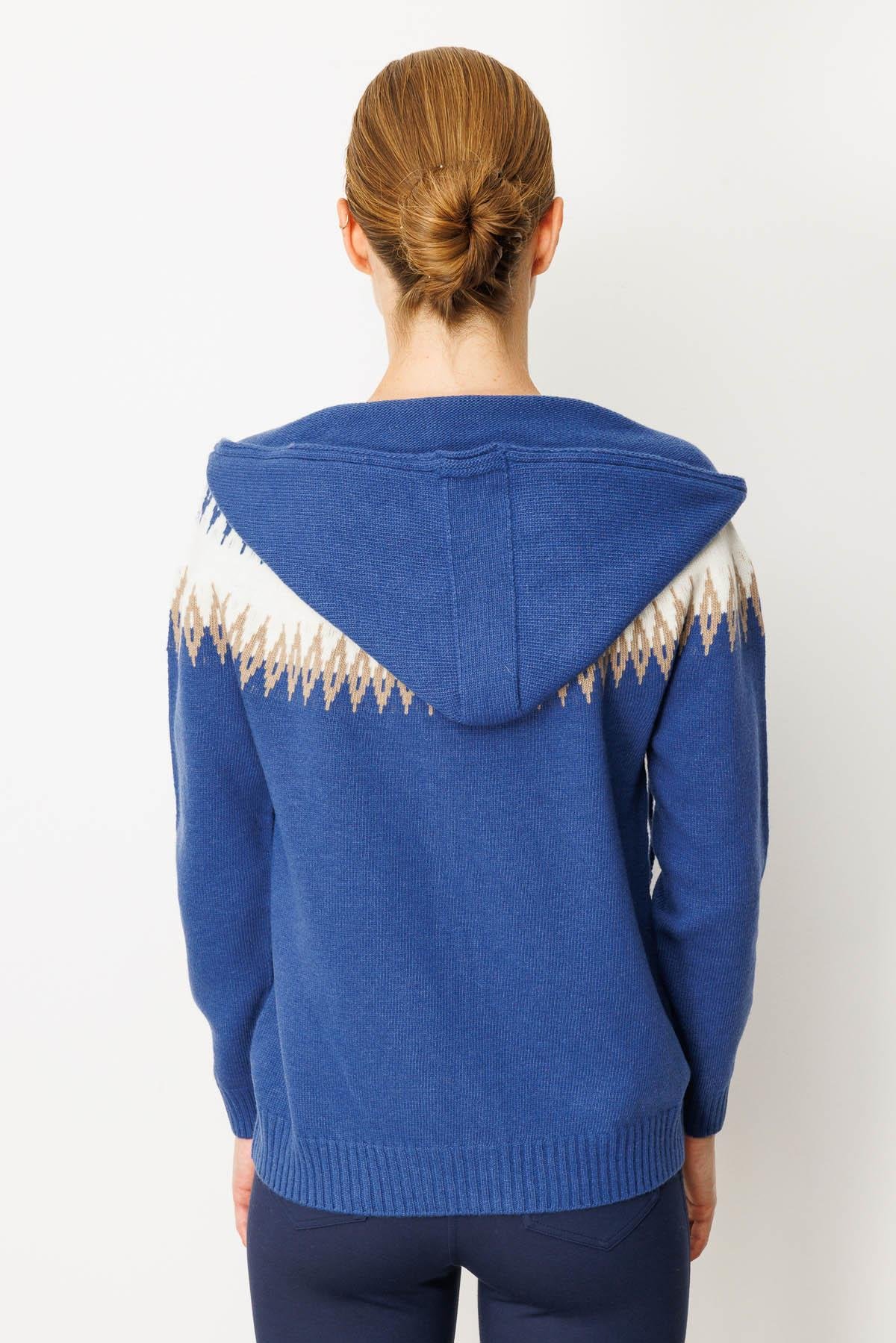 25230Kadın Kapüşonlu Robası Baklavalı Hırka Mavi