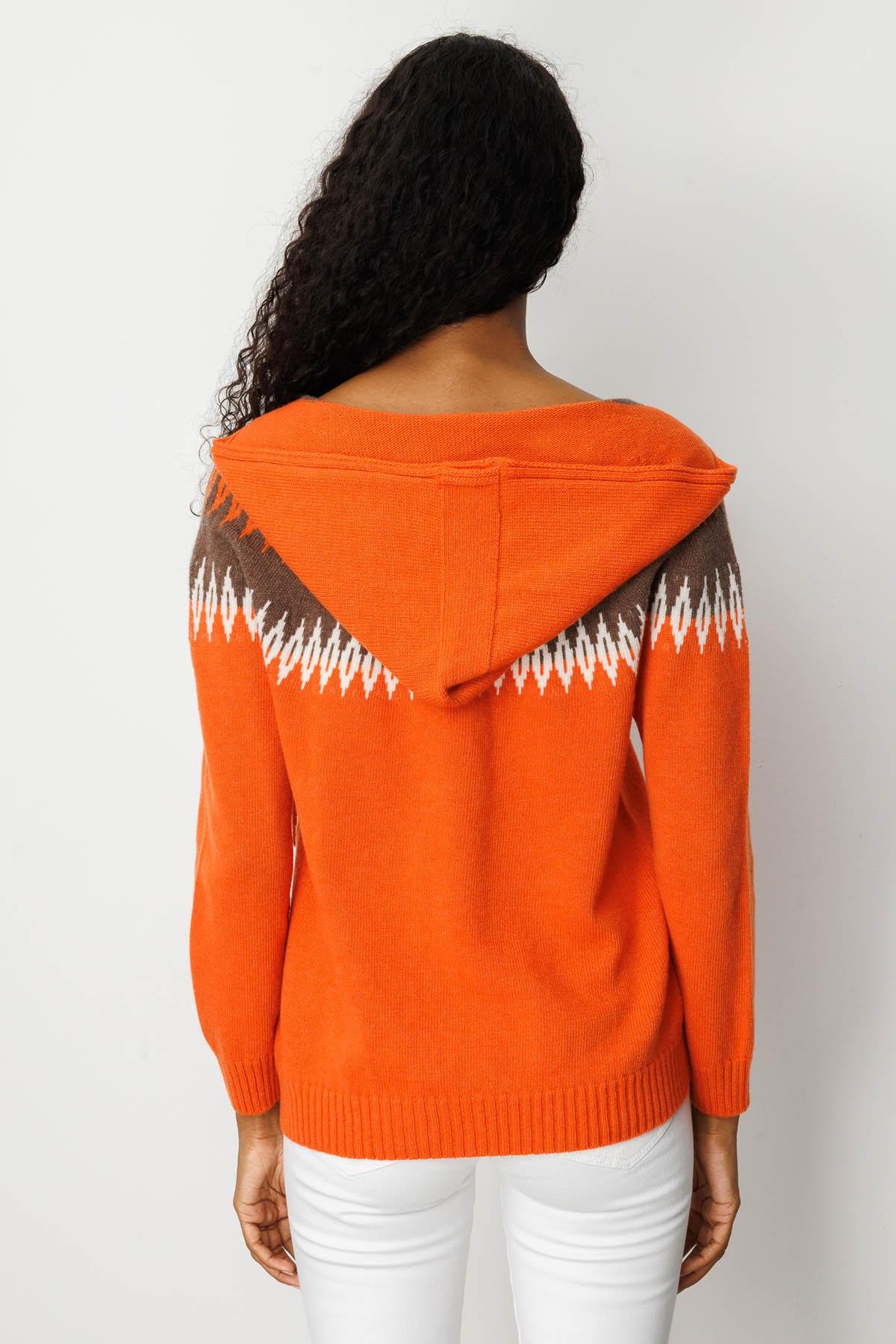 25230Kadın Kapüşonlu Robası Baklavalı Hırka Portakal