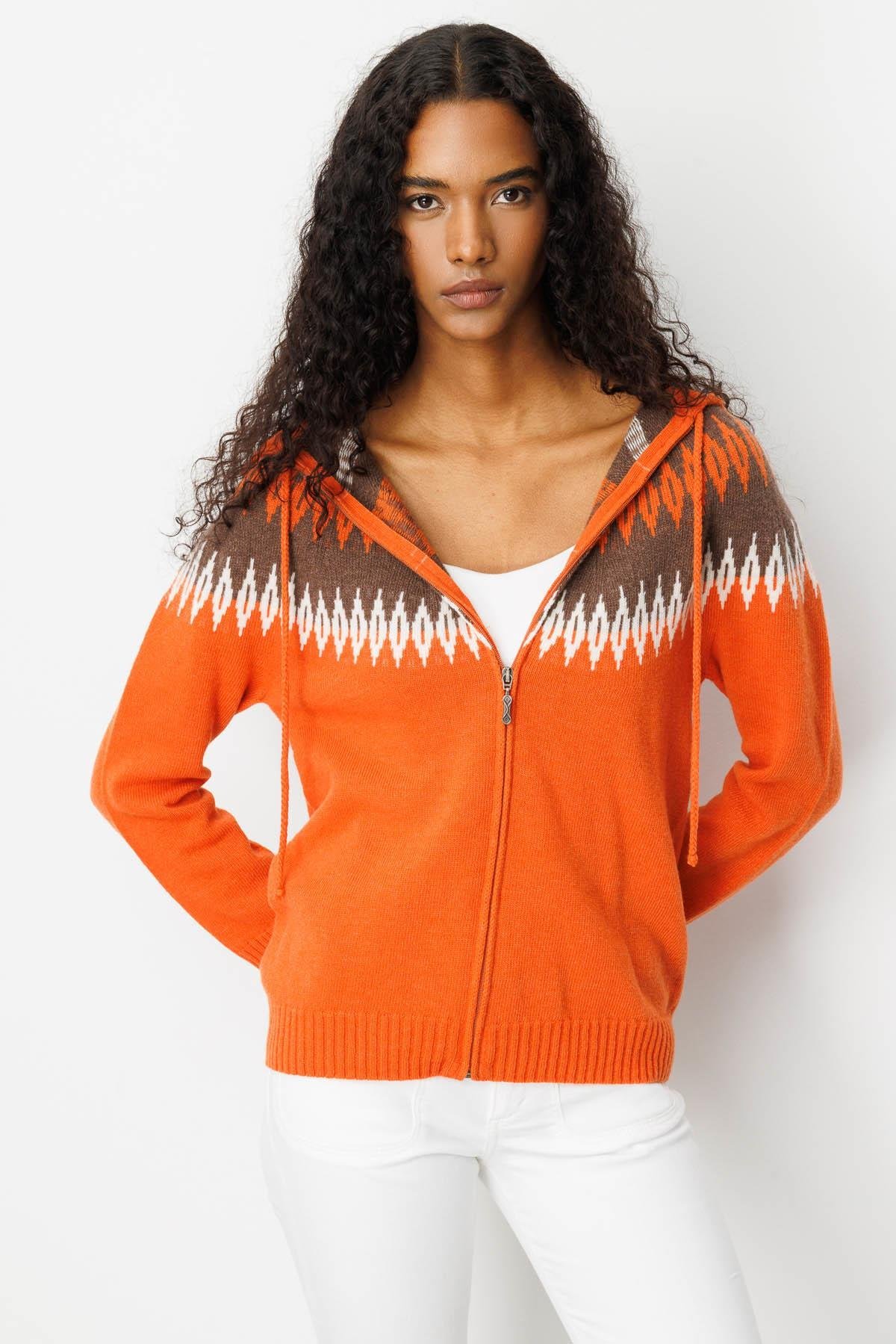 25230Kadın Kapüşonlu Robası Baklavalı Hırka Portakal