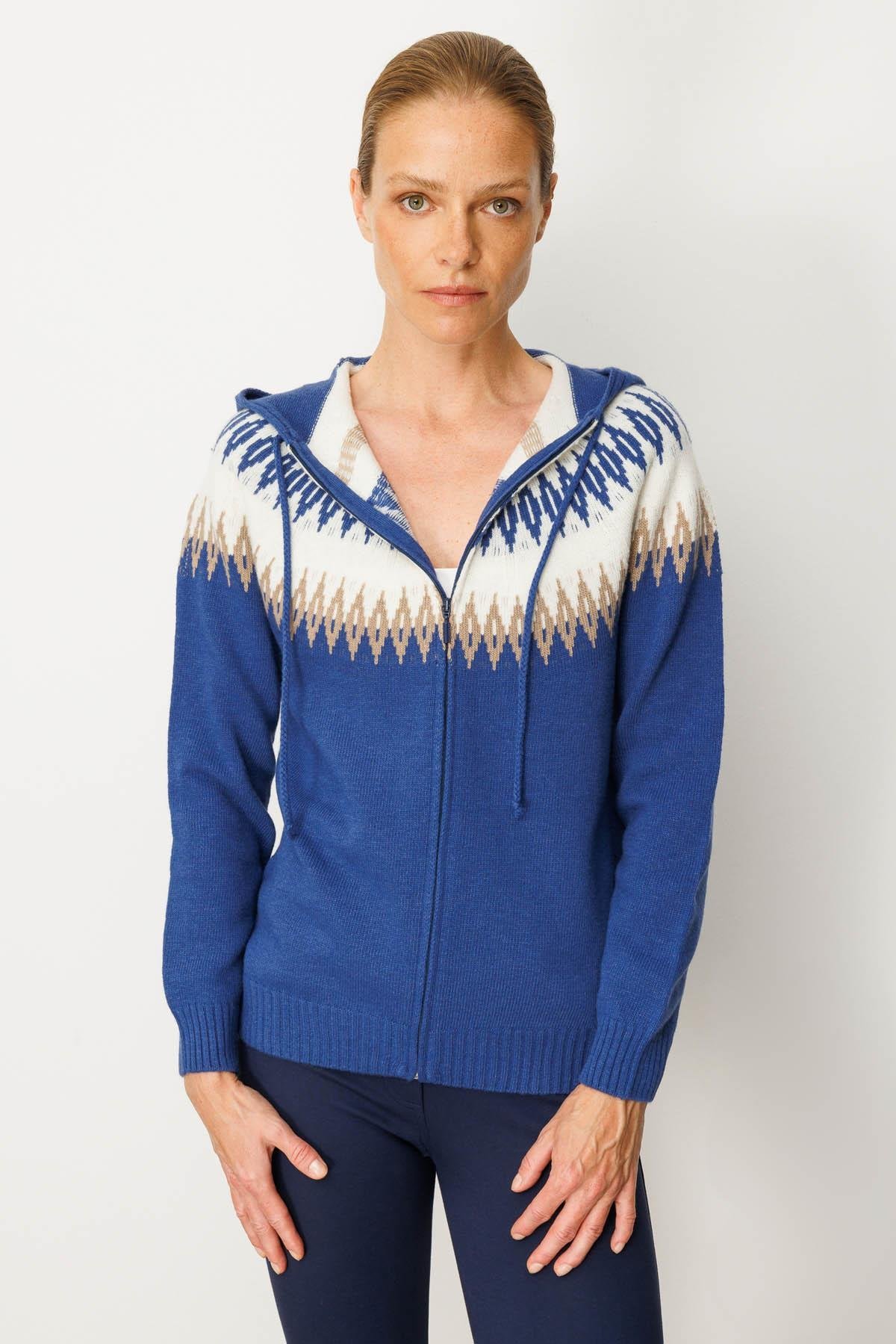 25230Kadın Kapüşonlu Robası Baklavalı Hırka Mavi