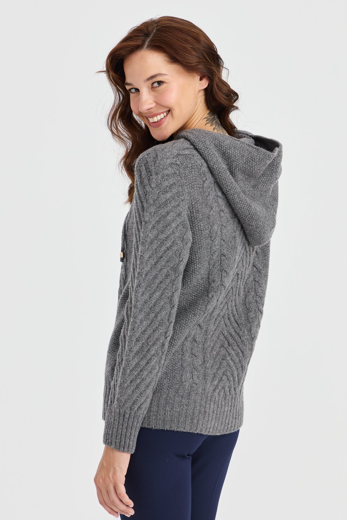 23198Kadın Kapüşonlu Saç Yürütme Örgülü Yün Ceket Füme