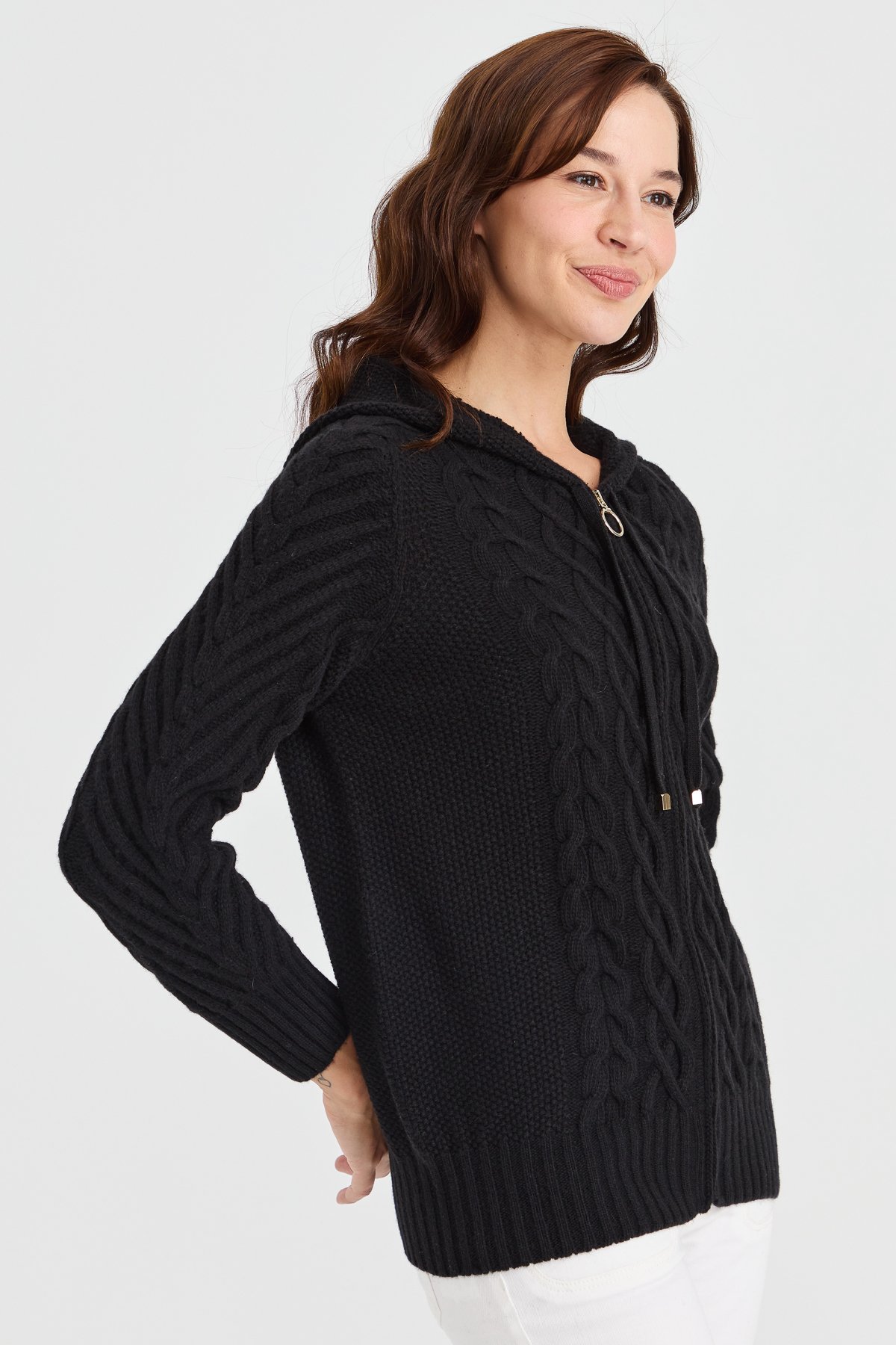 23198Kadın Kapüşonlu Saç Yürütme Örgülü Yün Ceket Siyah