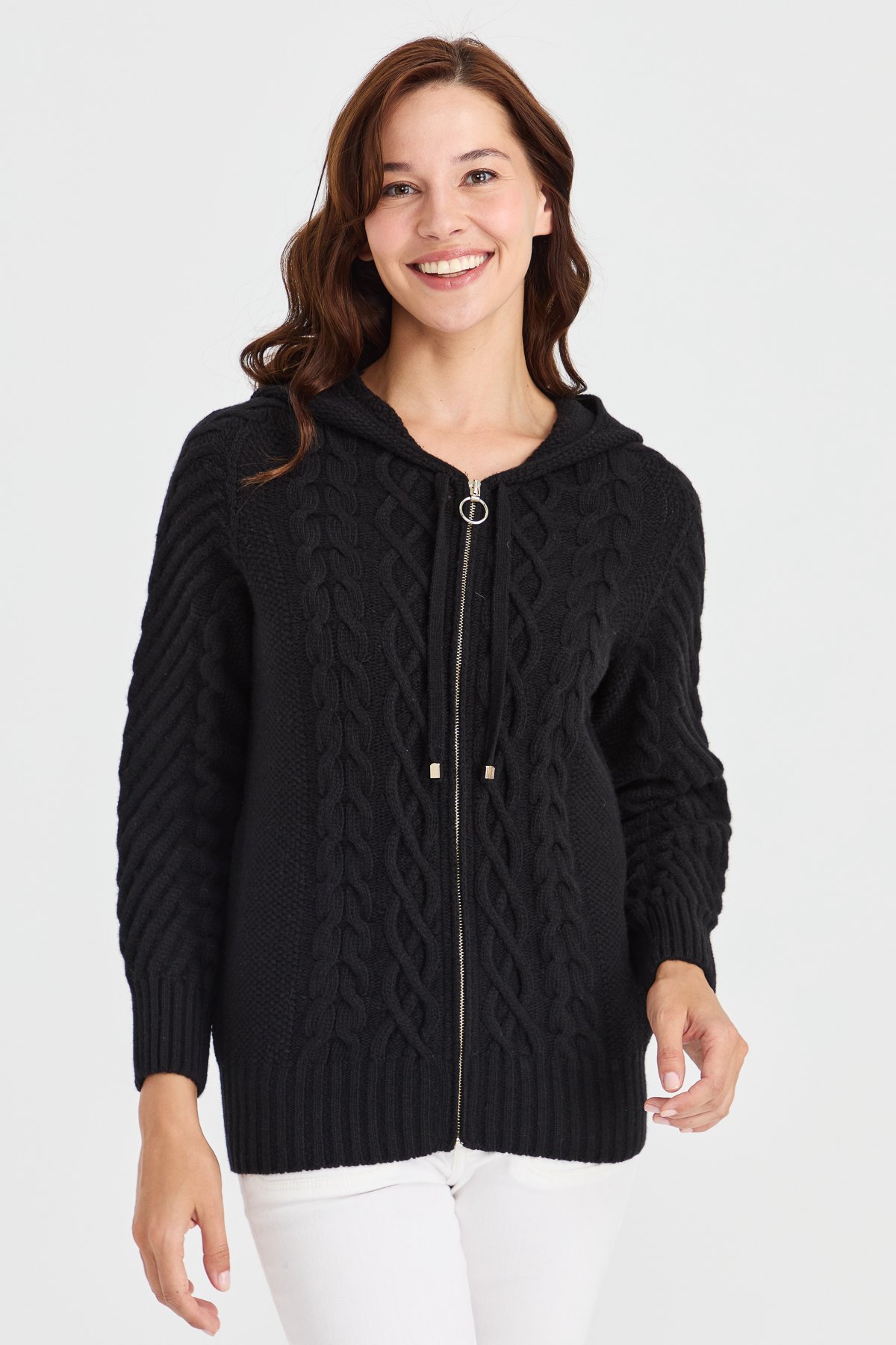 23198Kadın Kapüşonlu Saç Yürütme Örgülü Yün Ceket Siyah