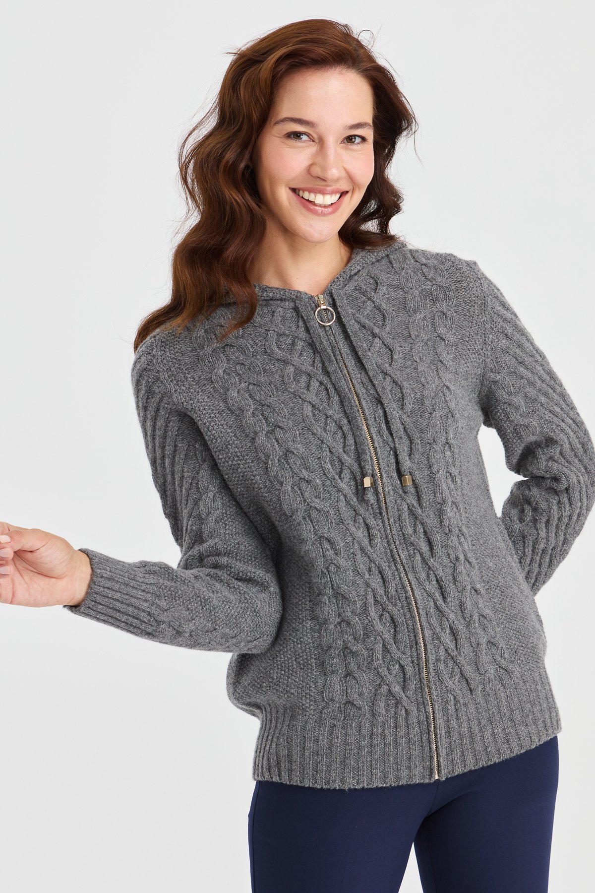 23198Kadın Kapüşonlu Saç Yürütme Örgülü Yün Ceket Füme